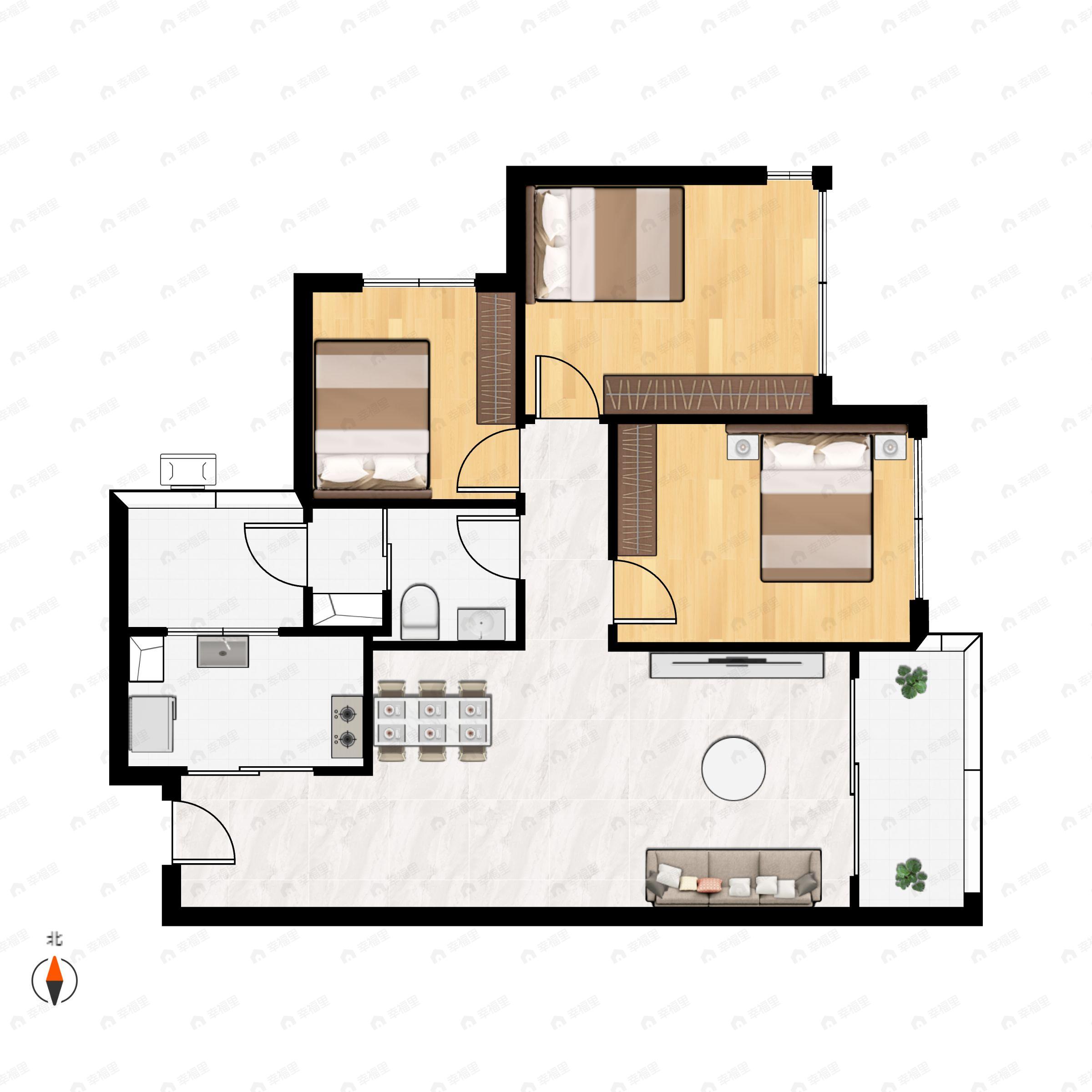 3室2厅1卫建面82m²南户型图