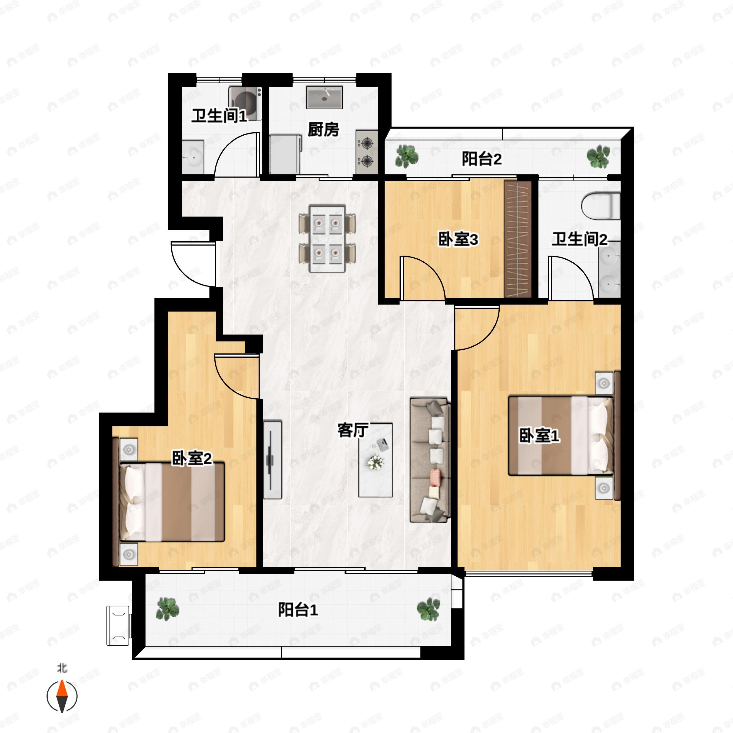 3室2厅2卫建面100m²南户型图