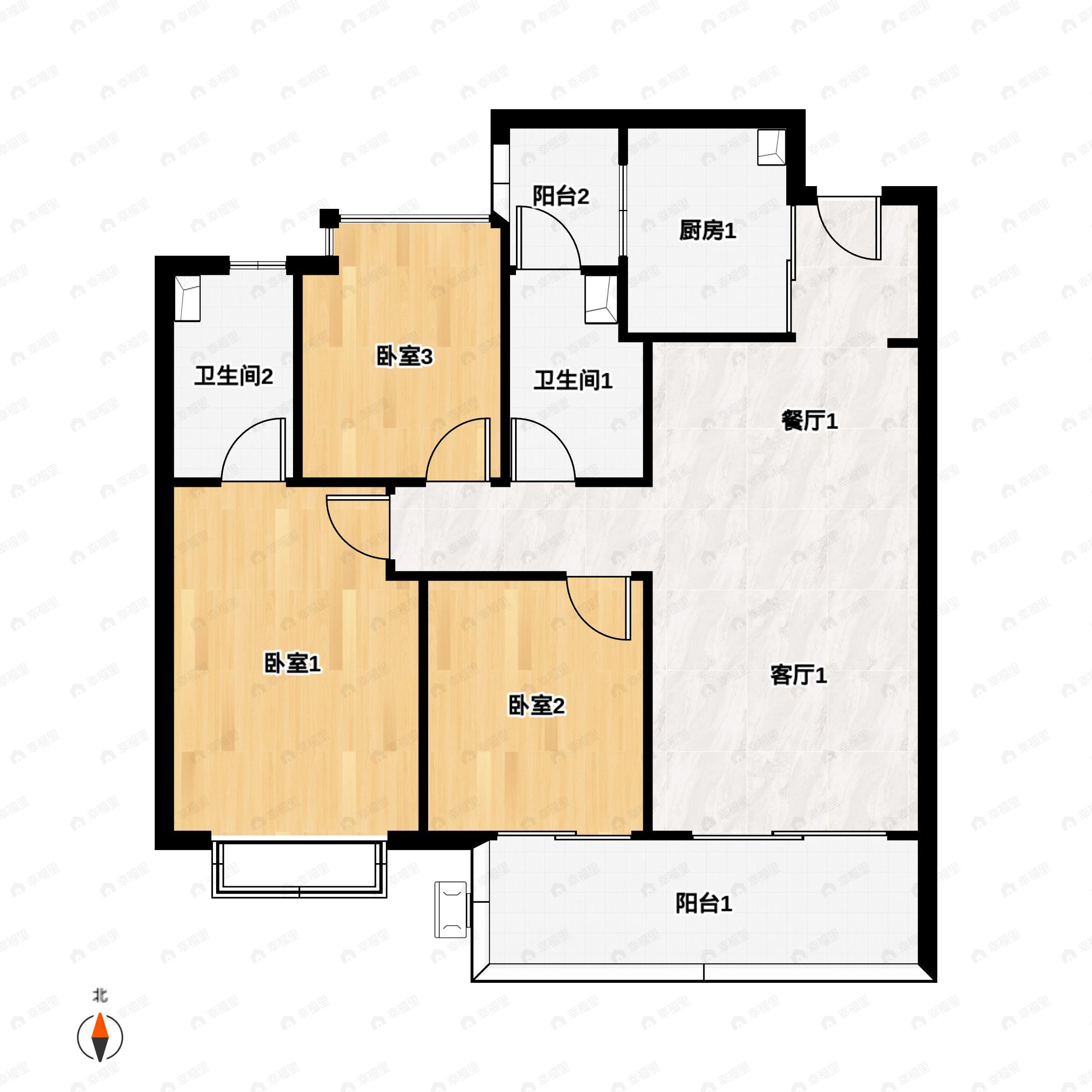 3室2厅2卫建面114m²北|南户型图