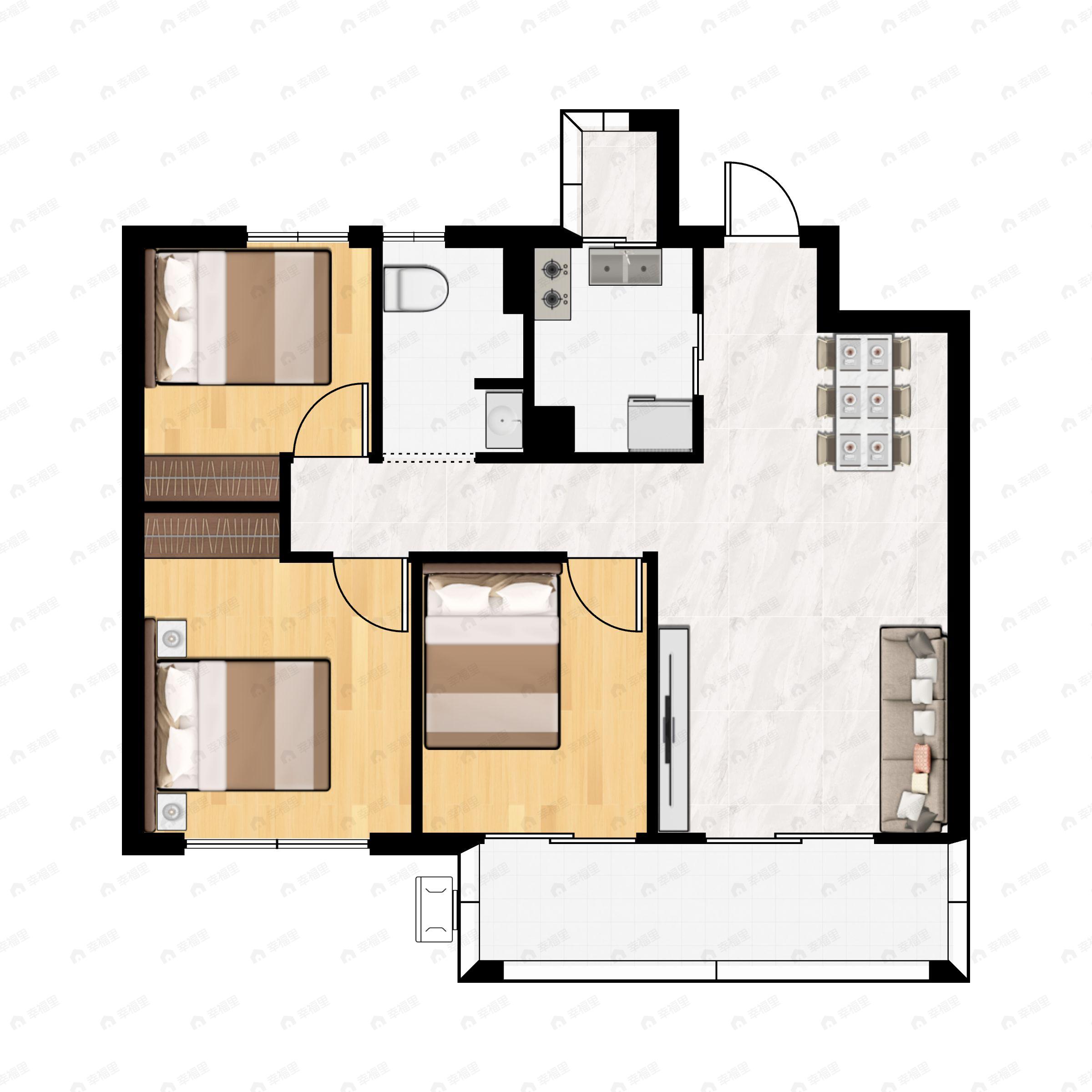 3室2厅1卫建面89m²南户型图