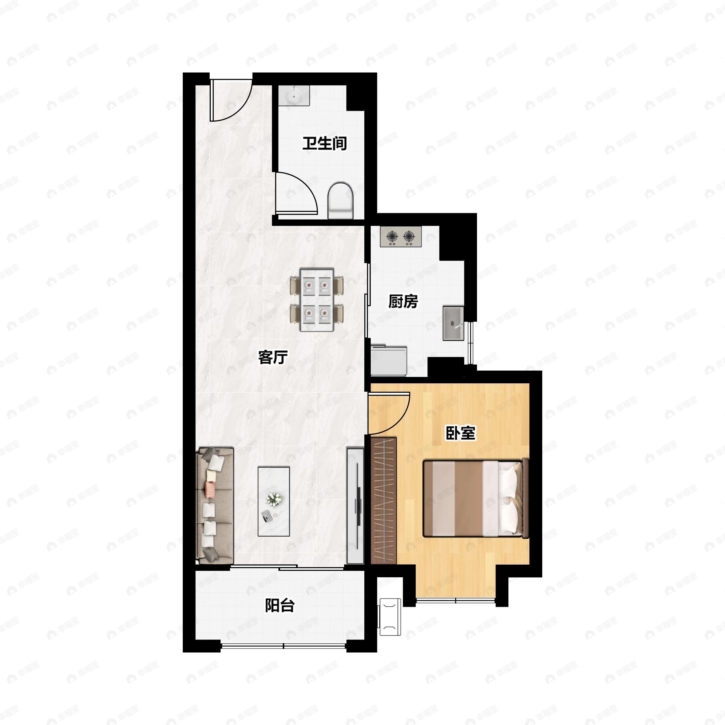 1室2厅1卫建面64m²南户型图