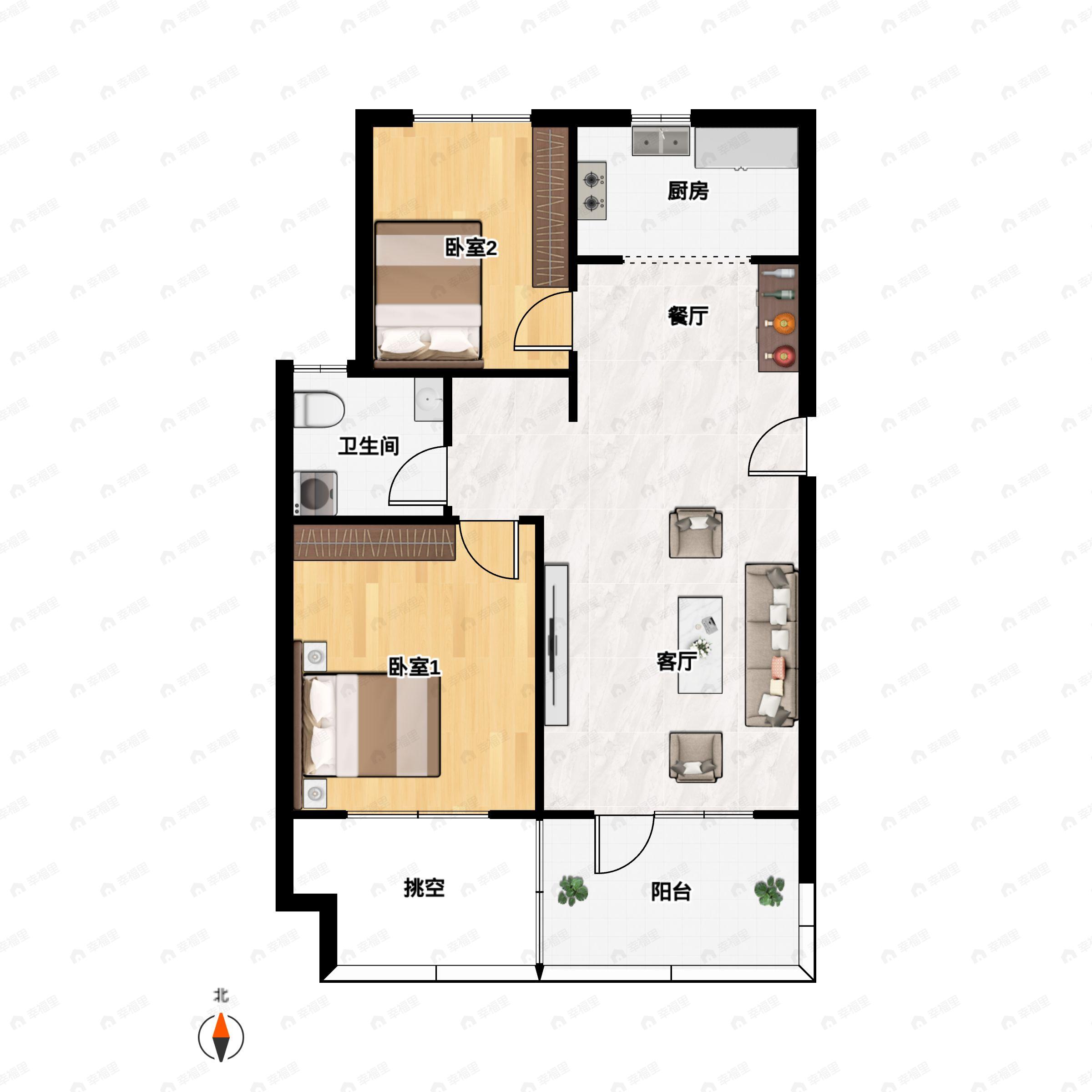 2室2厅1卫建面72平南户型图