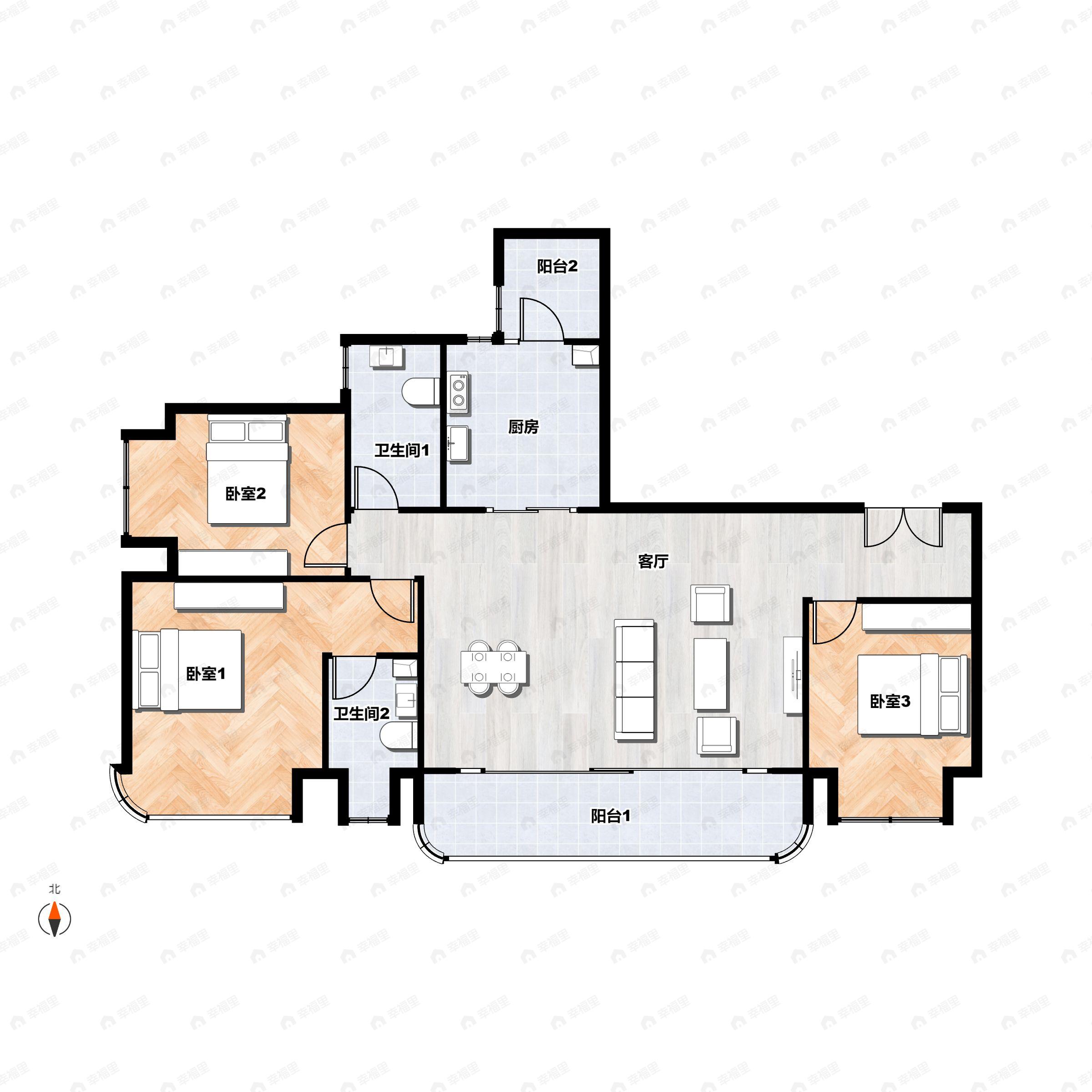 3室2厅2卫建面118m²西户型图