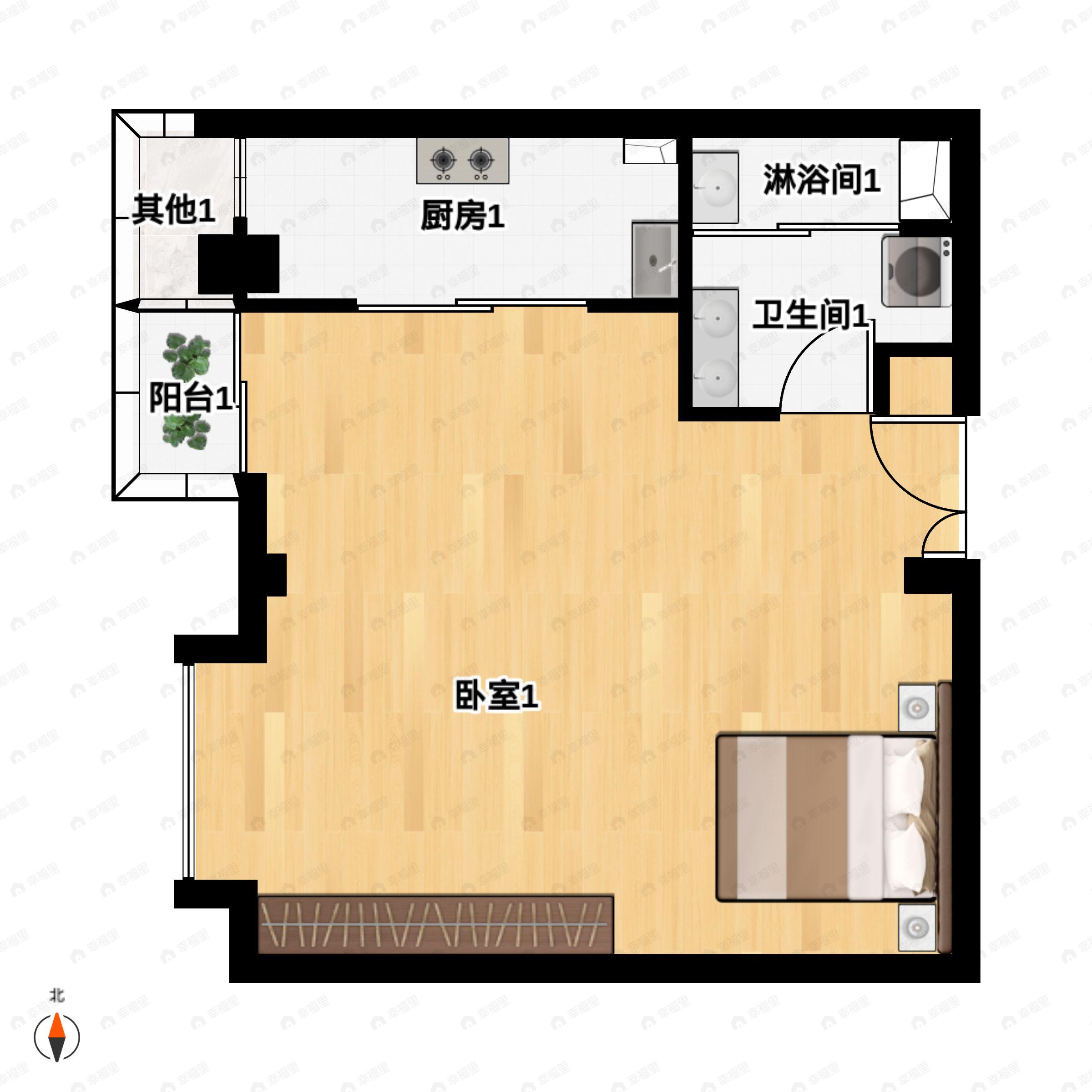 1室2厅1卫建面77m²南户型图