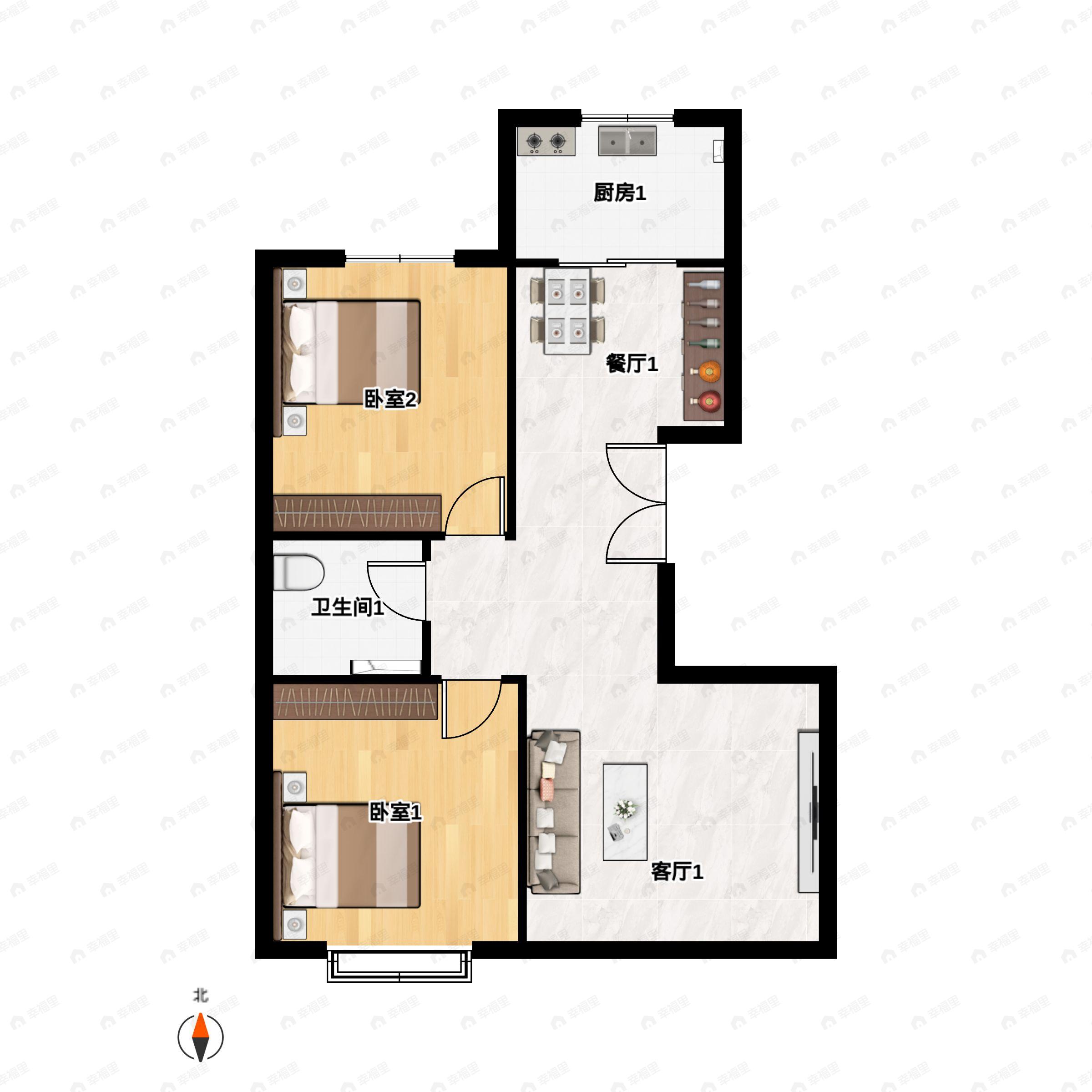 2室2厅1卫建面107m²北|南户型图