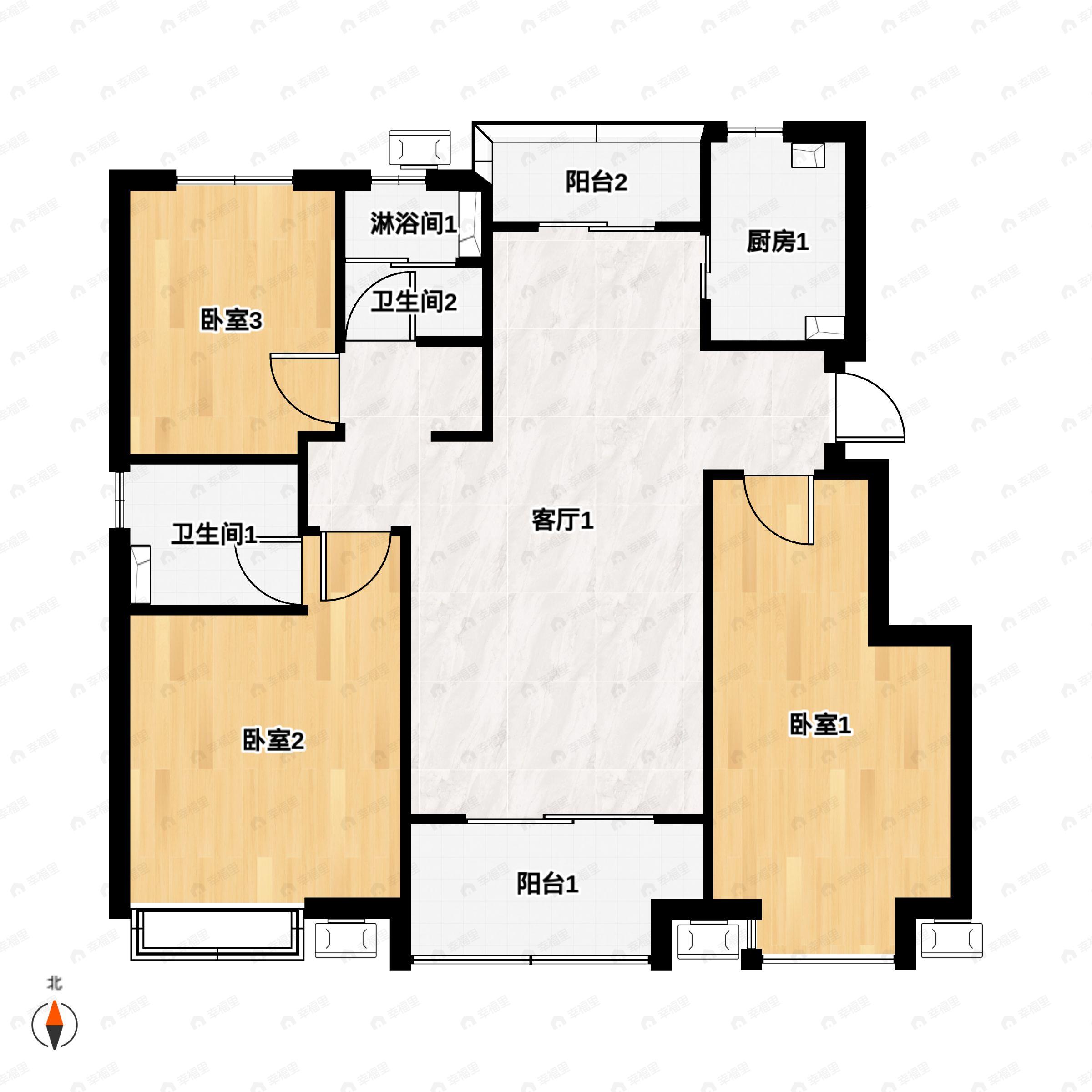 3室2厅2卫建面108平户型图