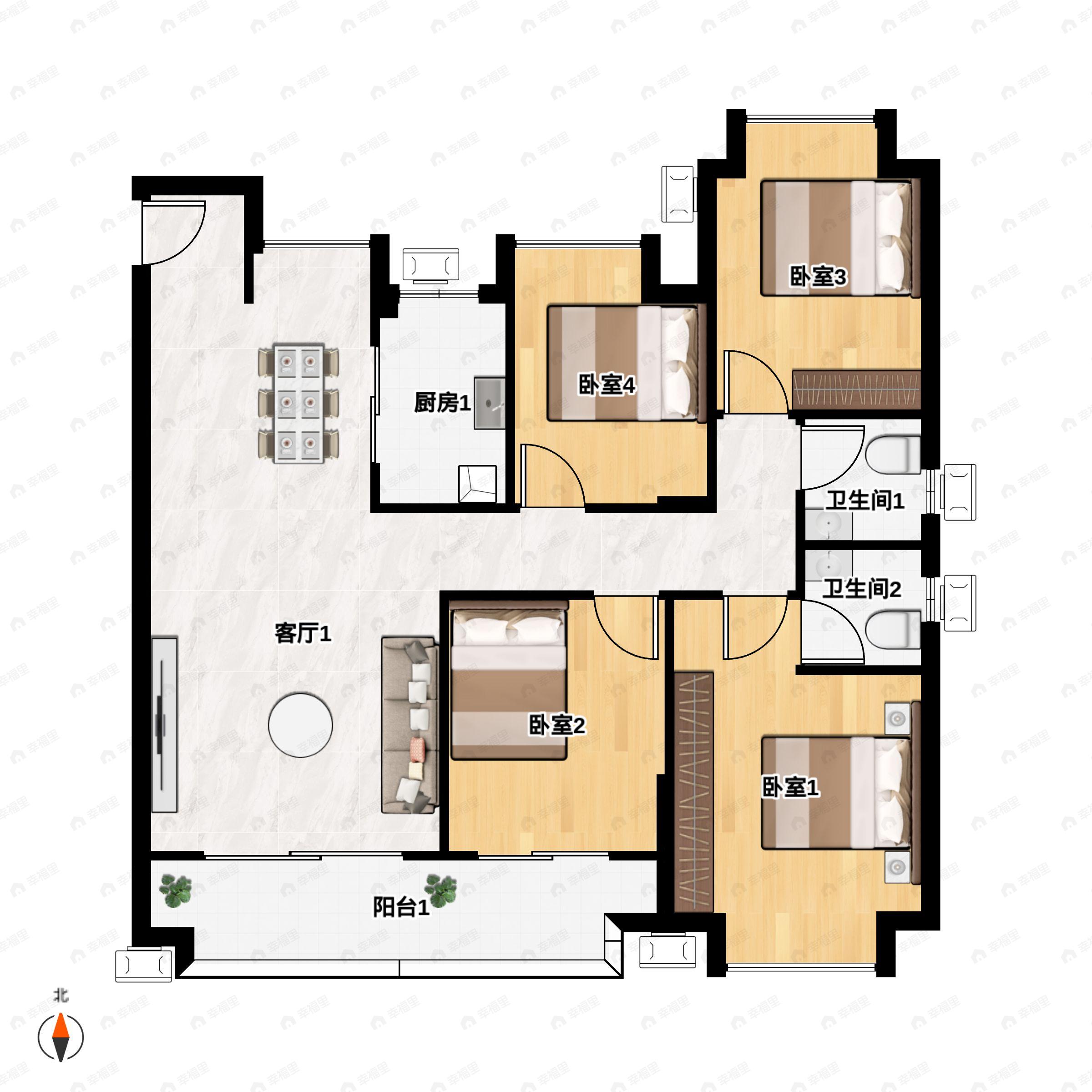 4室2厅2卫建面134平南户型图