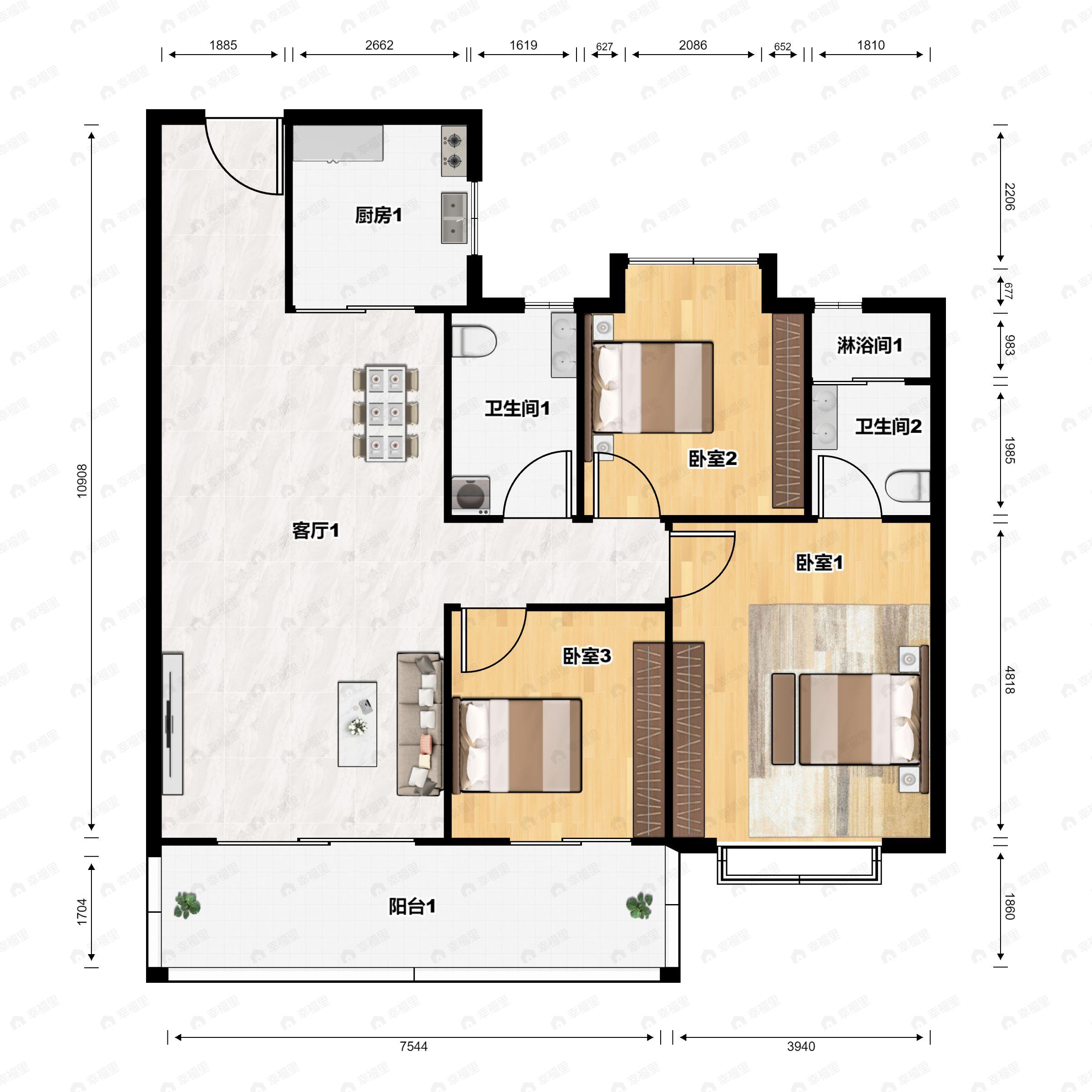 3室2厅2卫建面114平户型图