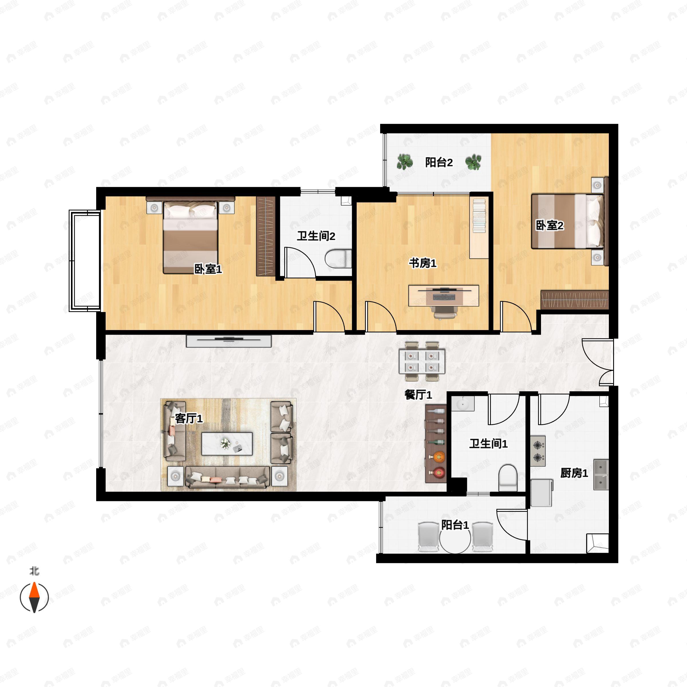 3室2厅2卫建面124m²西户型图
