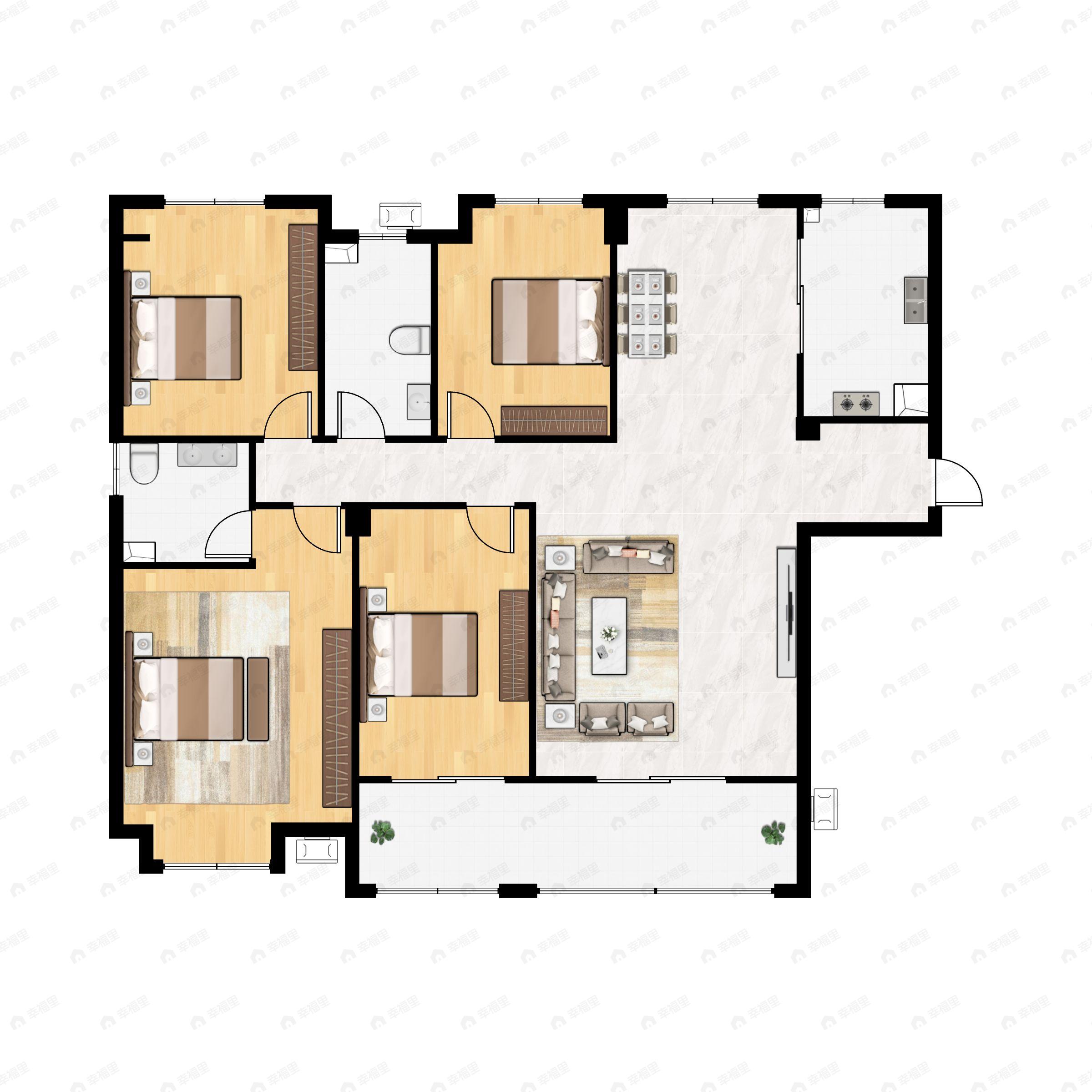 4室2厅2卫建面162平西|南|北户型图
