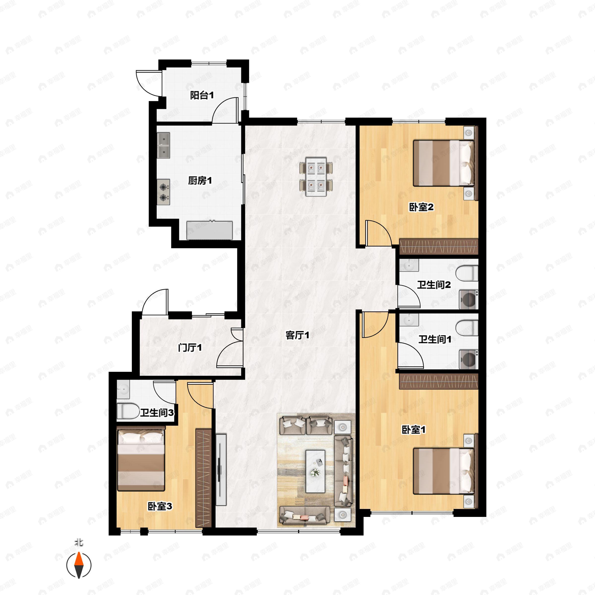 3室2厅3卫建面185m²南户型图
