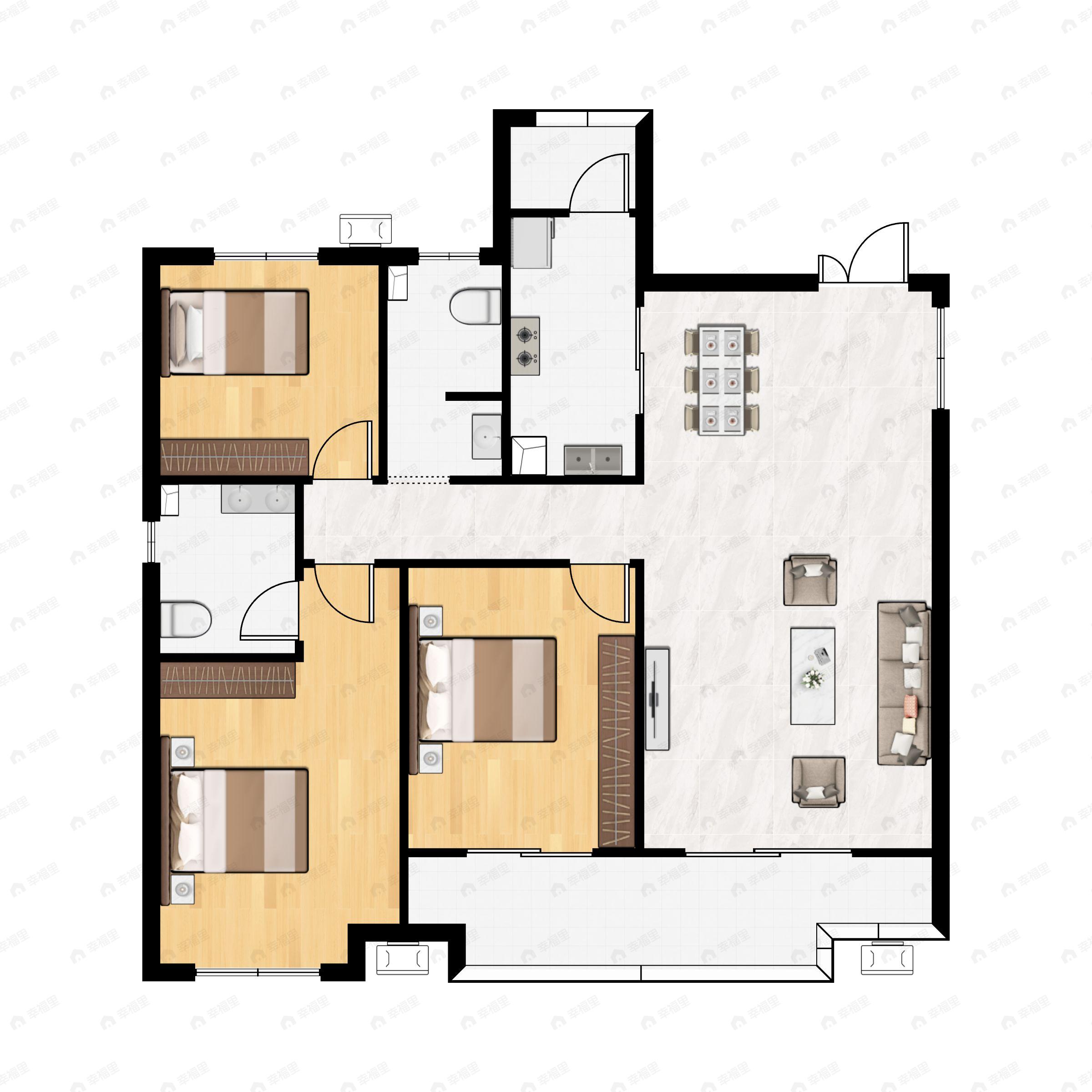 3室2厅2卫建面133m²南户型图