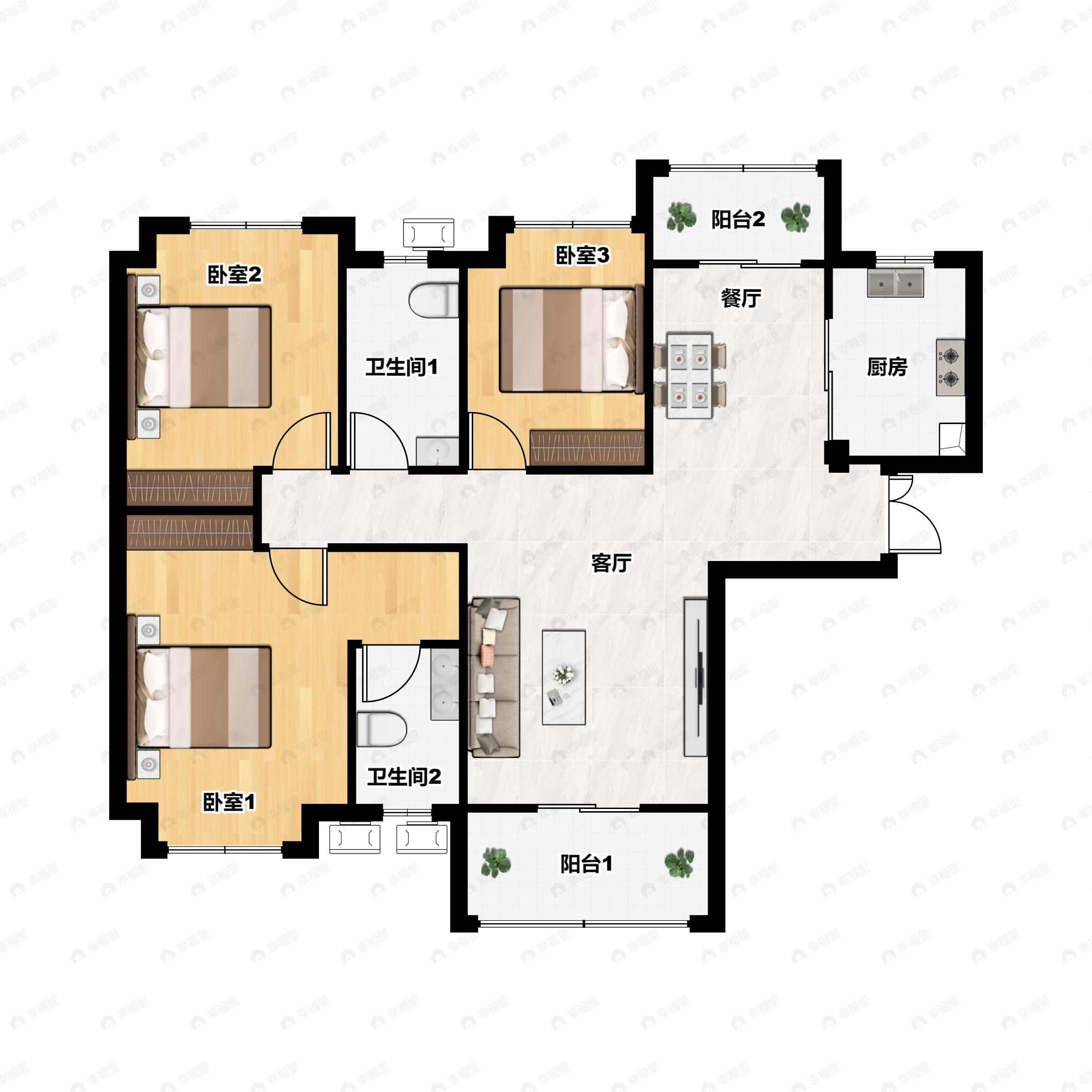 3室2厅2卫建面135平南|北户型图