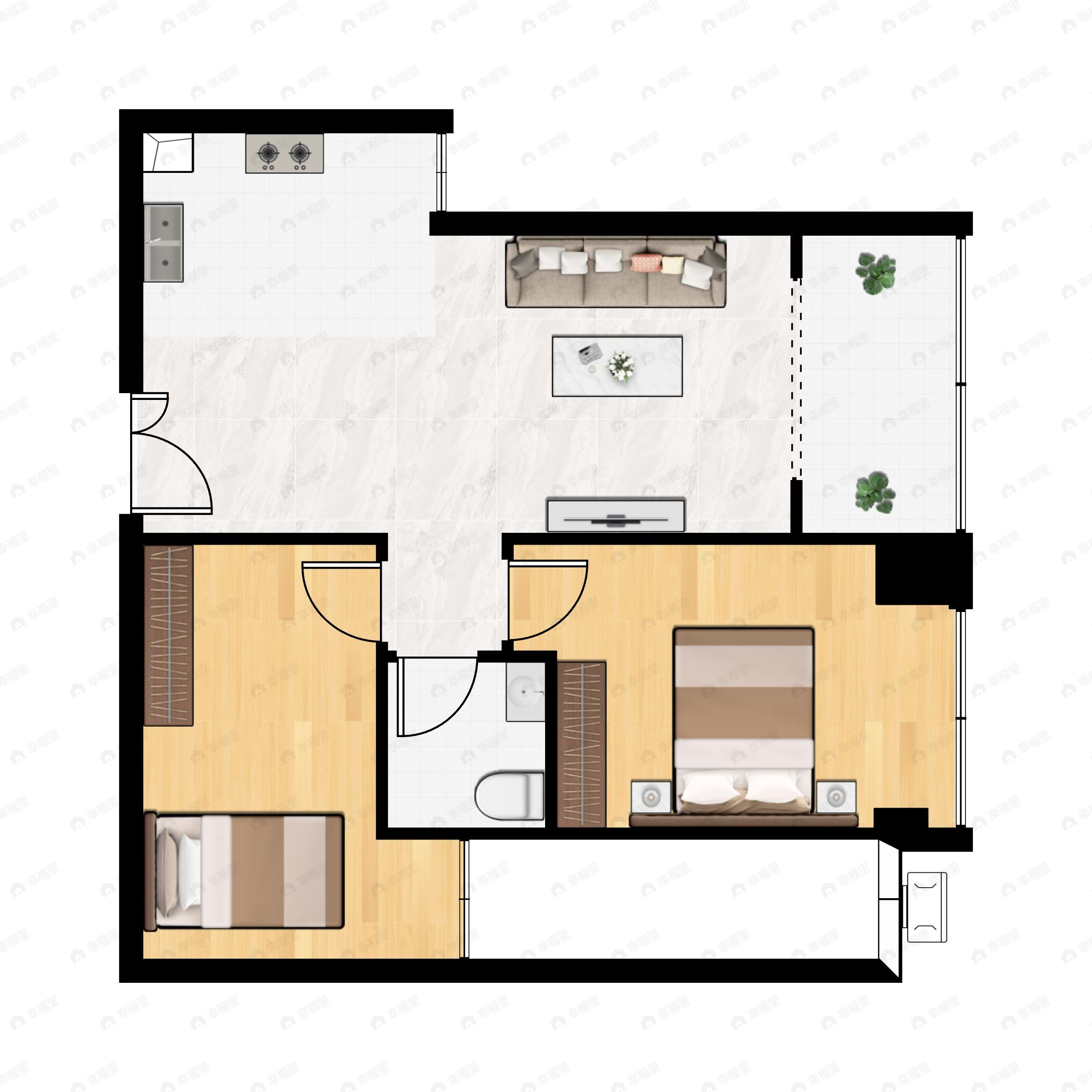 2室2厅1卫建面59m²南户型图