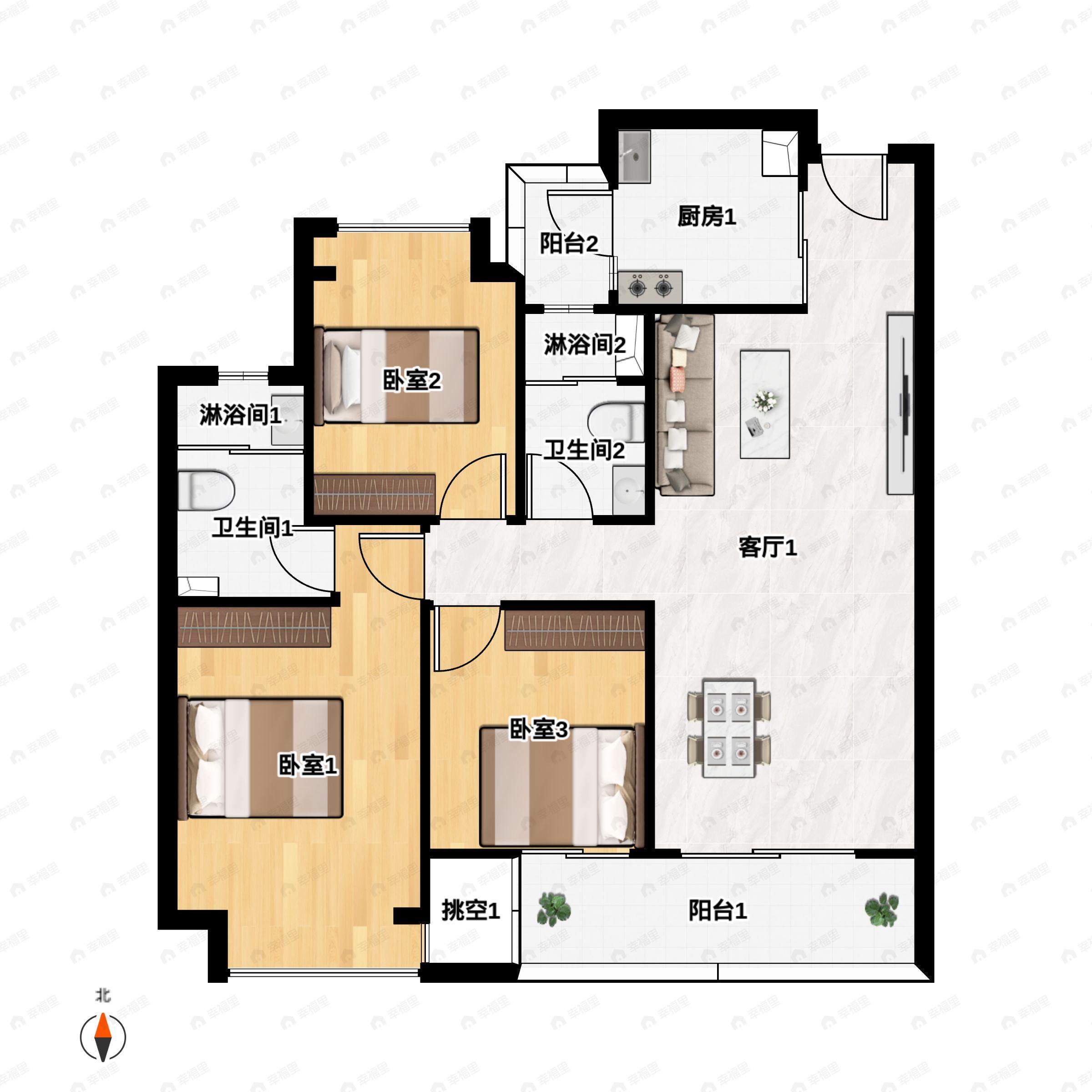3室2厅2卫建面112m²南户型图