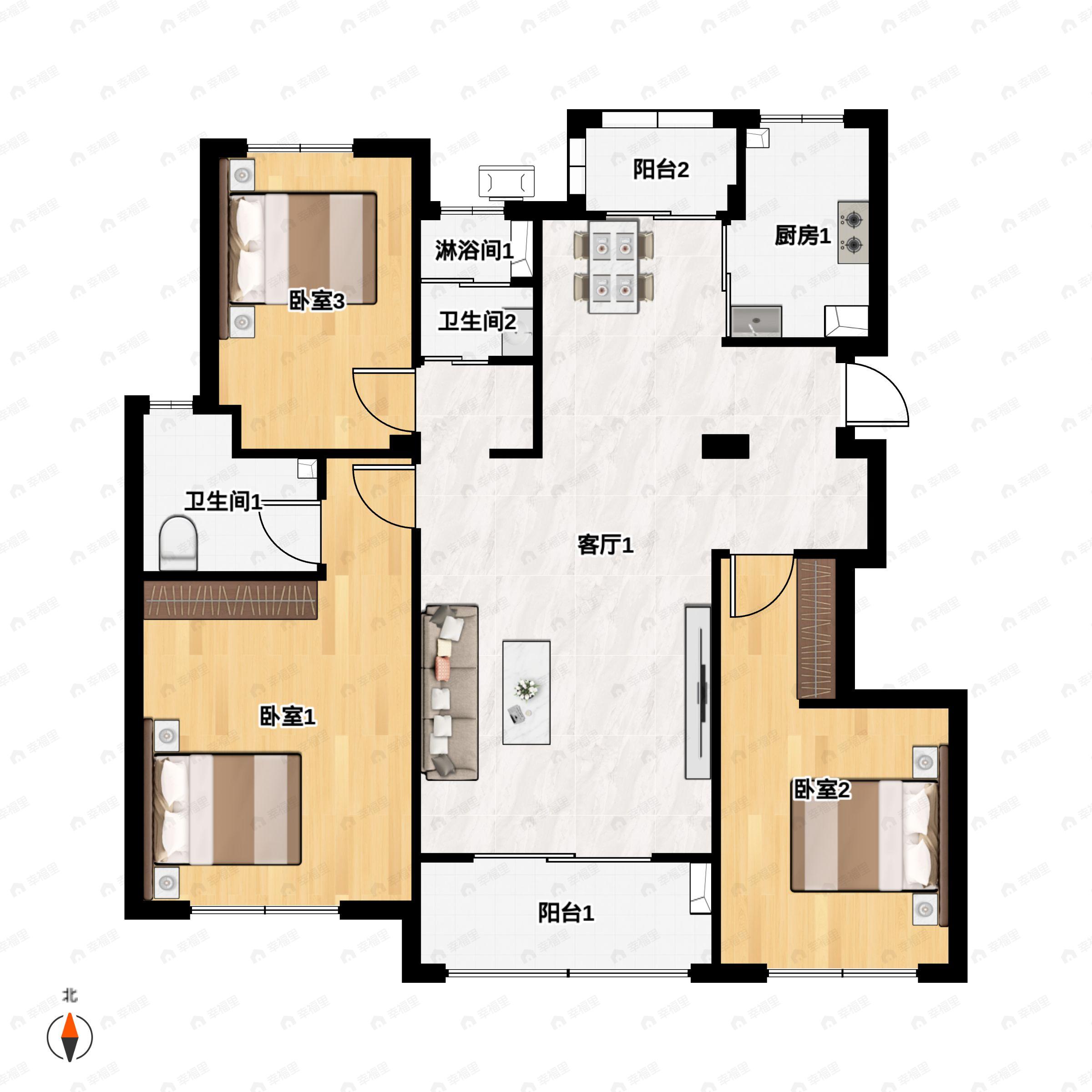 3室2厅2卫建面128平户型图