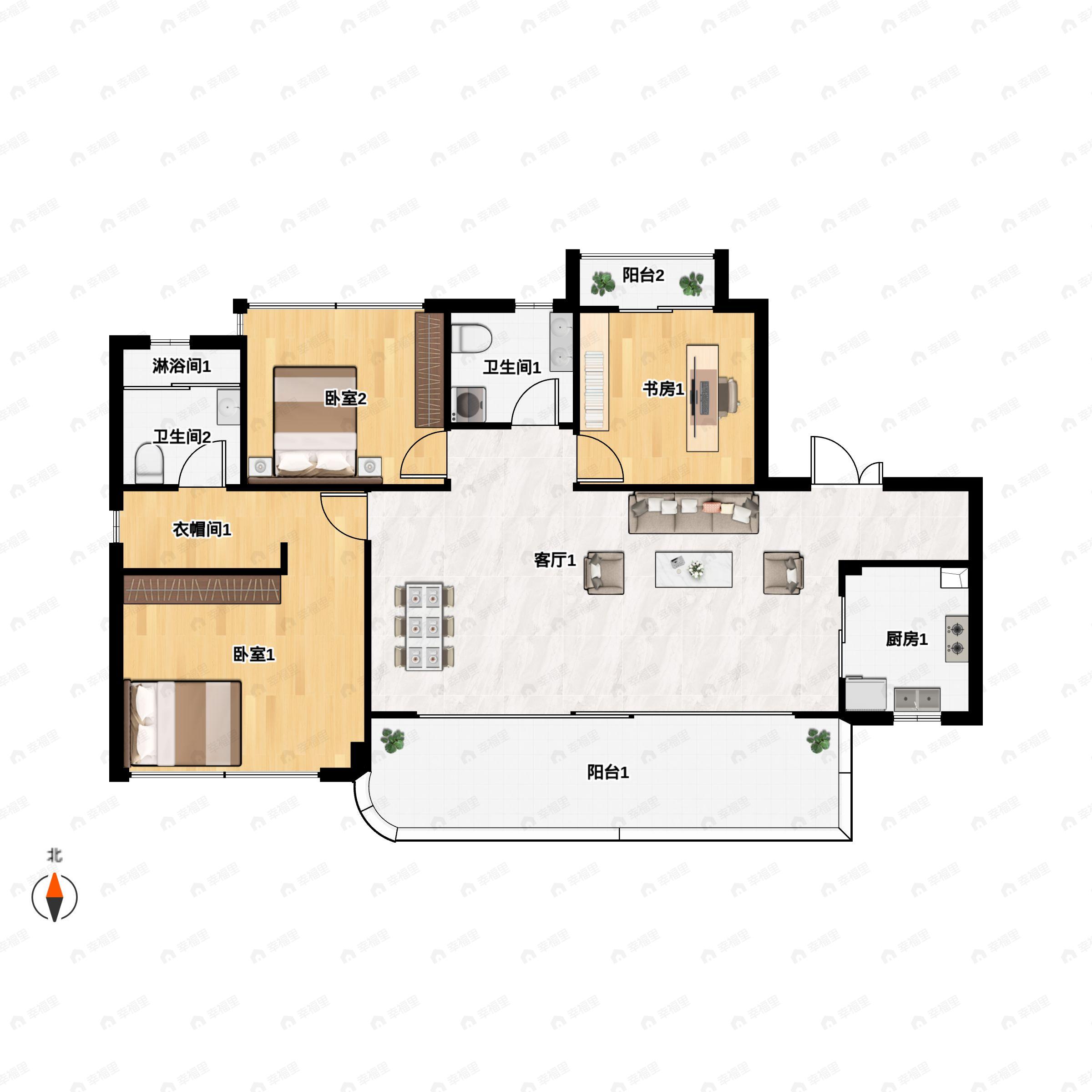 3室2厅2卫建面128m²南户型图
