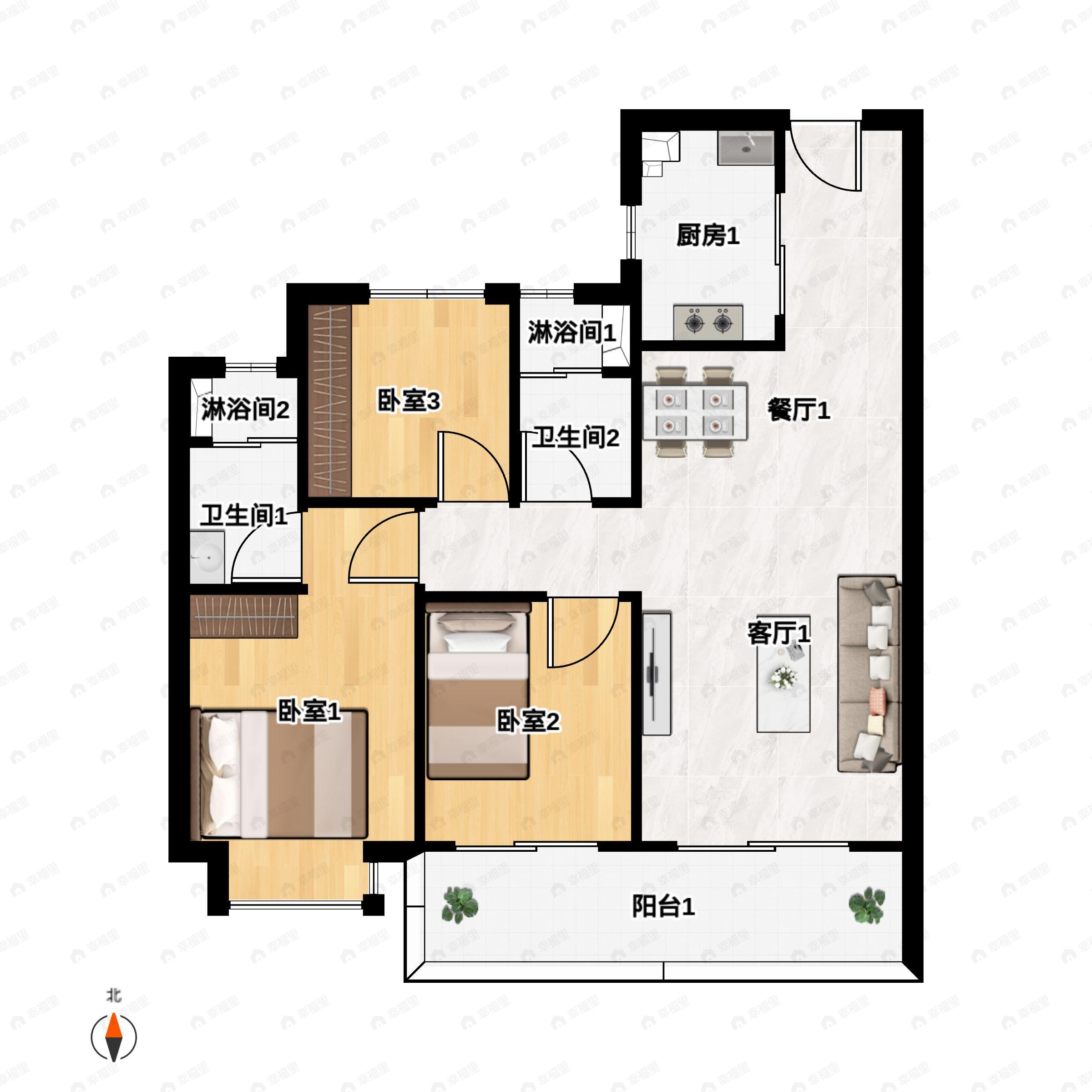 3室2厅2卫建面96平户型图