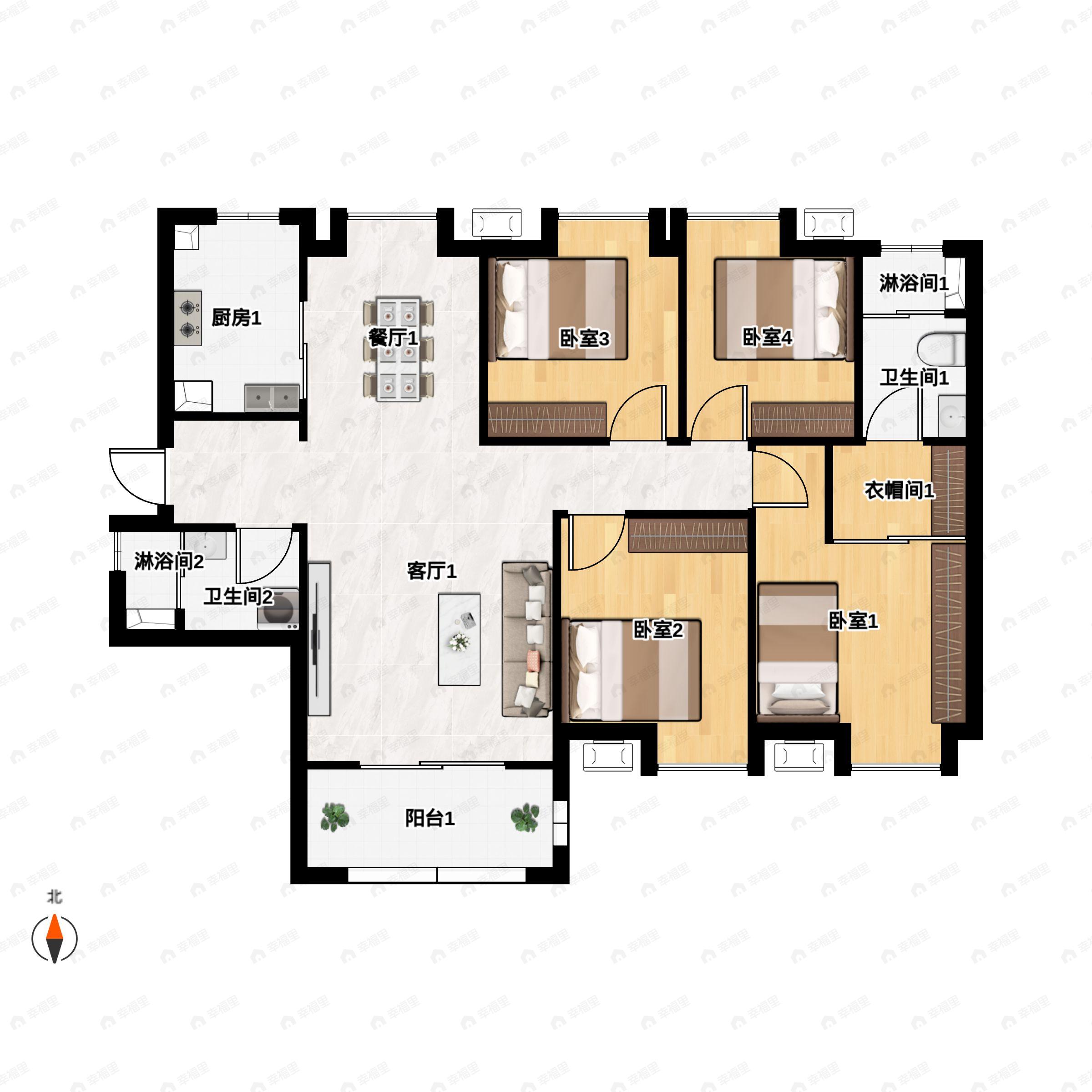 4室2厅2卫建面139平北|南户型图
