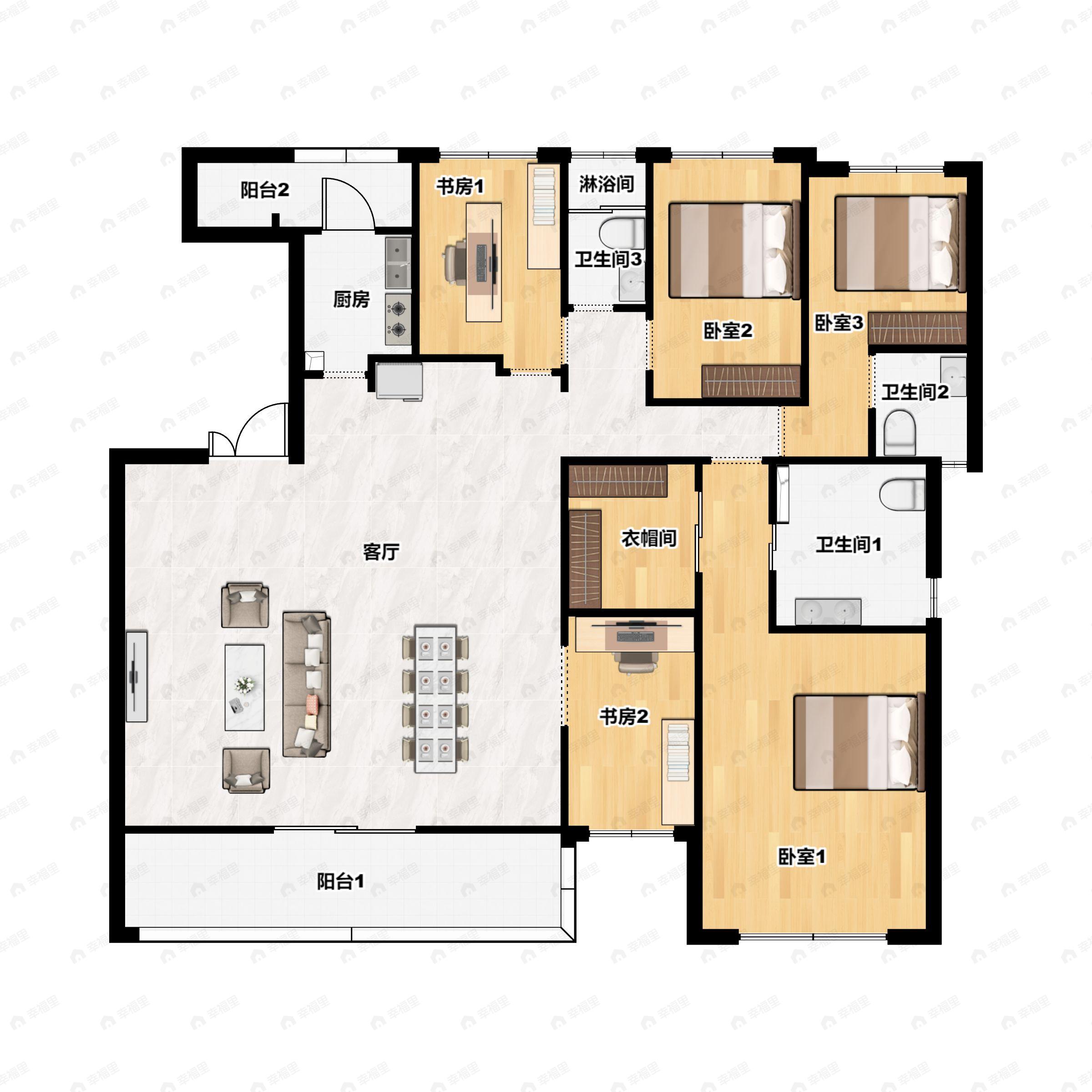 4室2厅3卫建面238平西北|北|南户型图