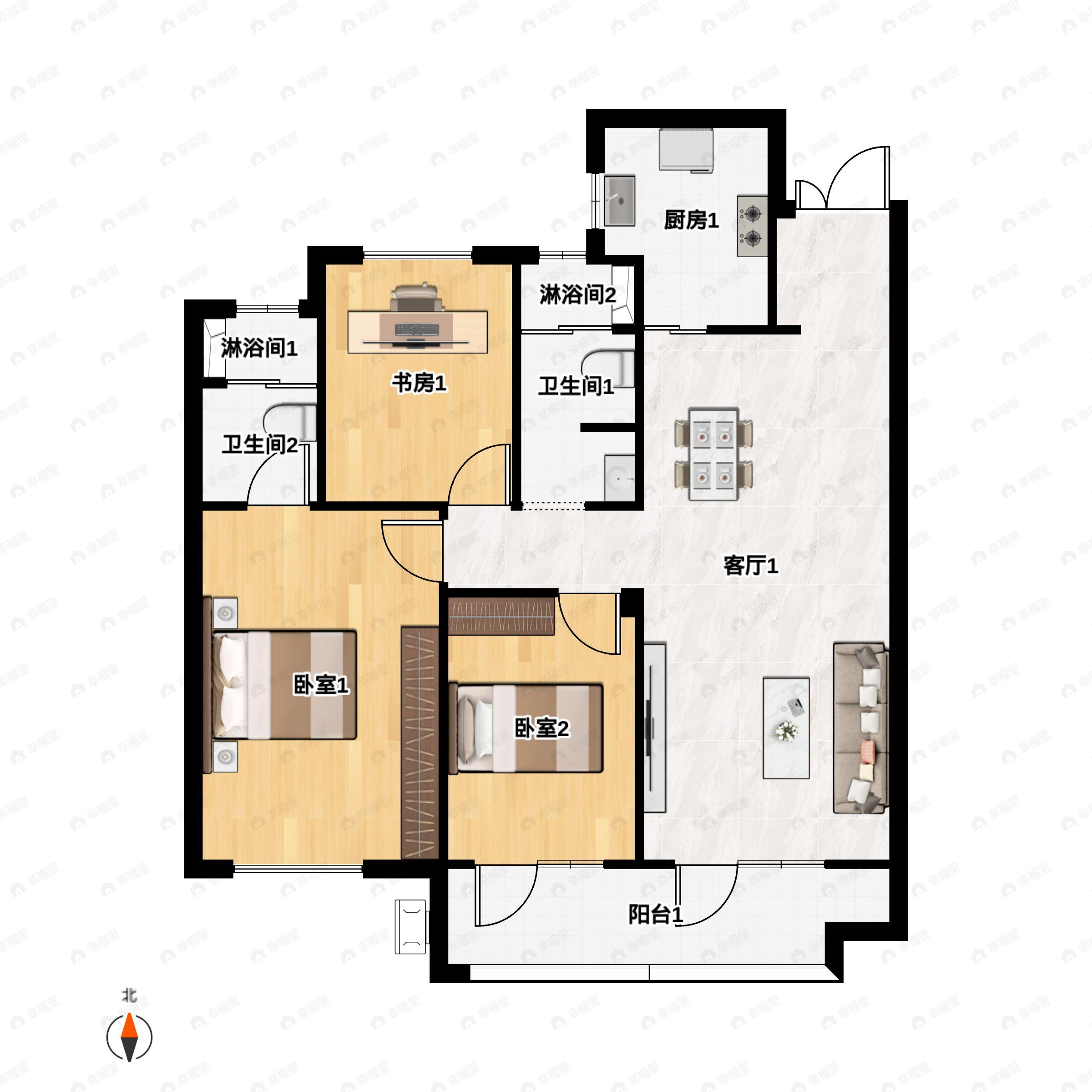 3室2厅2卫建面117m²南户型图