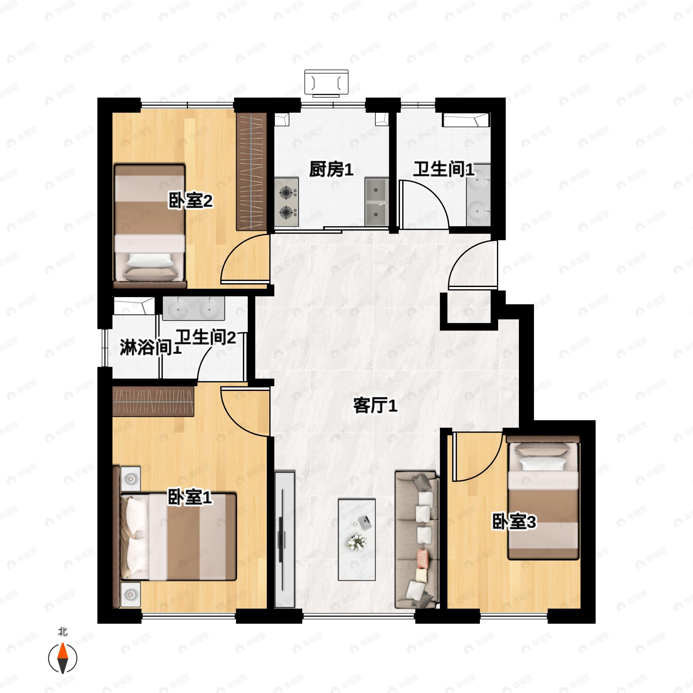 3室2厅2卫建面99平北|南户型图