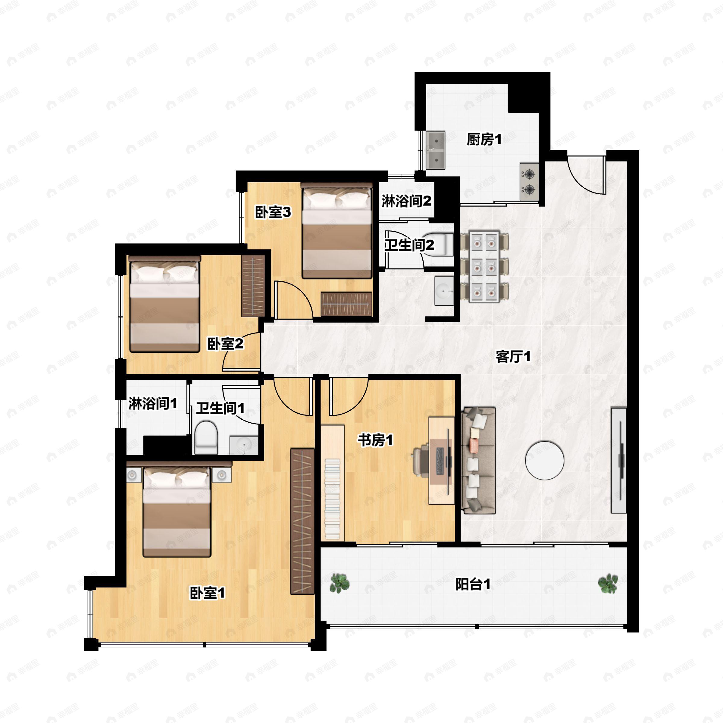 4室2厅2卫建面128平南户型图