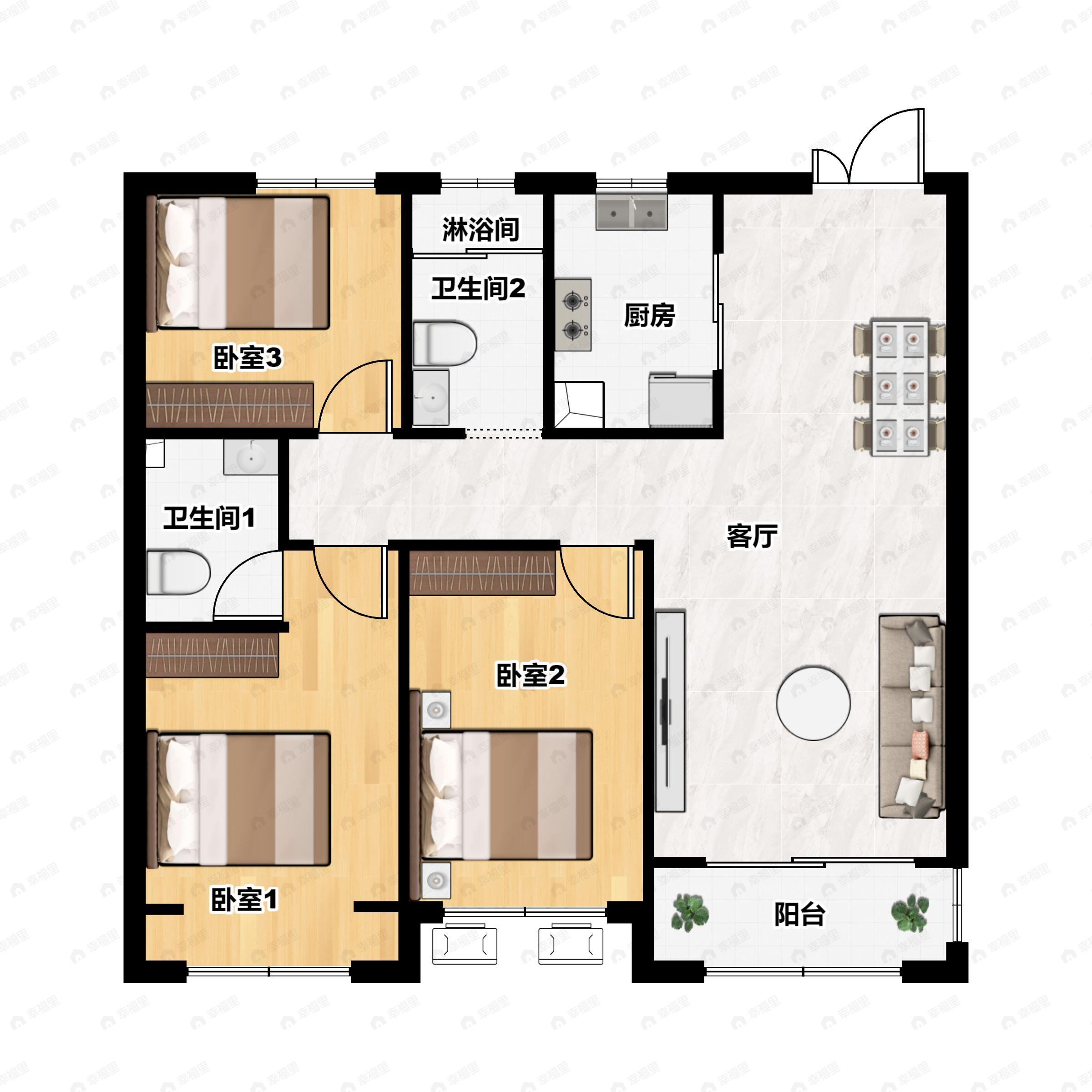 3室2厅2卫建面121平户型图