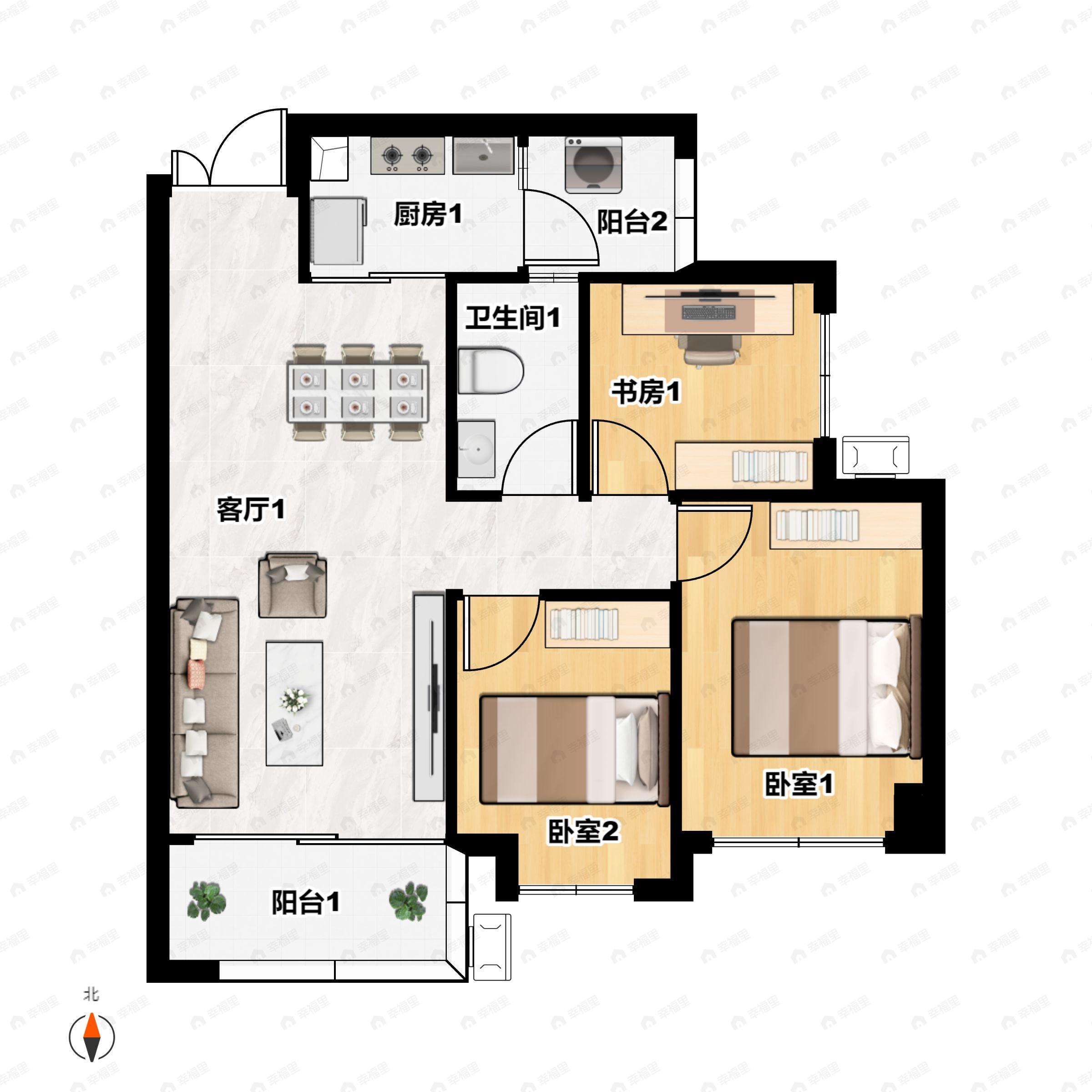 新鸥鹏教育小镇3室2厅1卫户型图