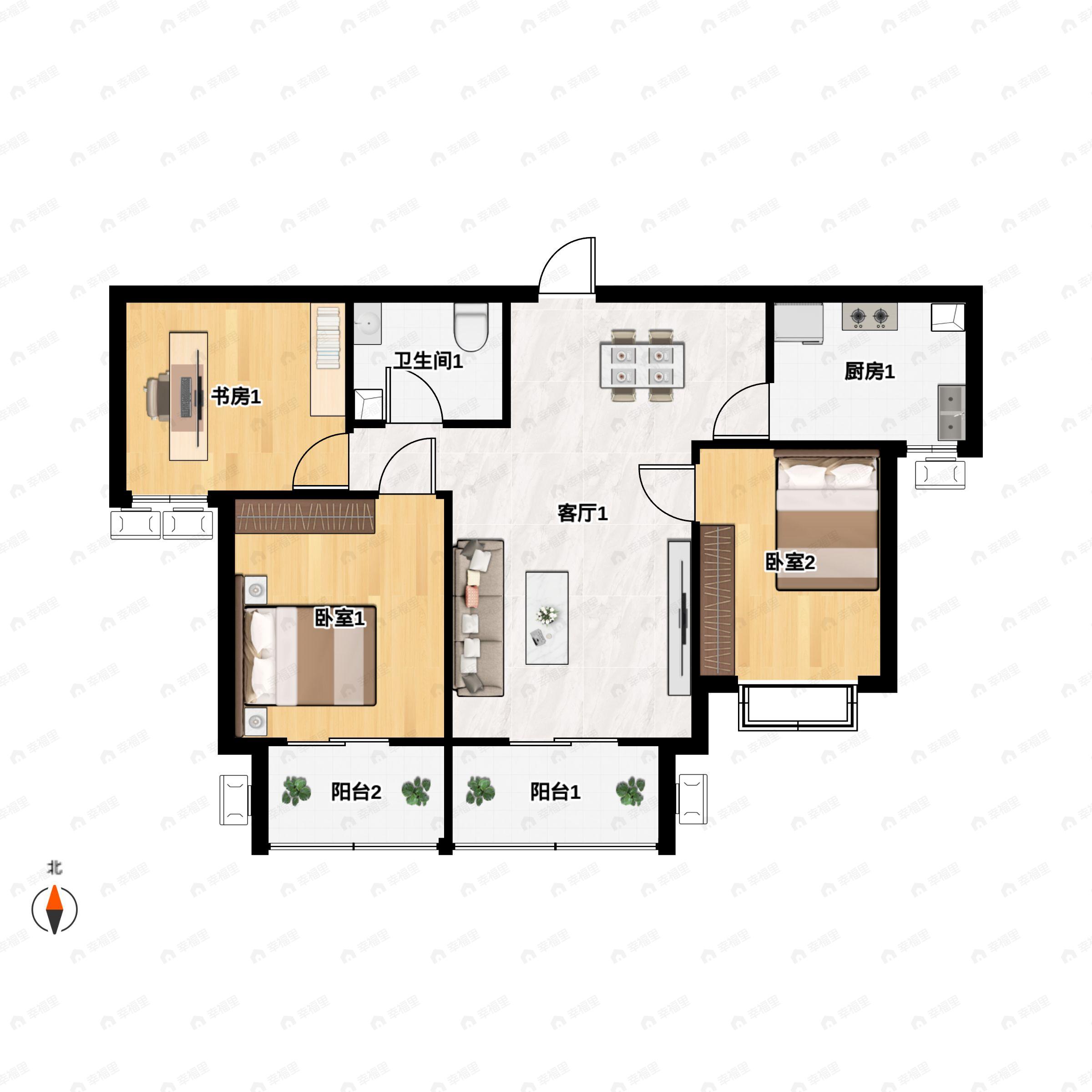 3室2厅1卫建面107平南户型图