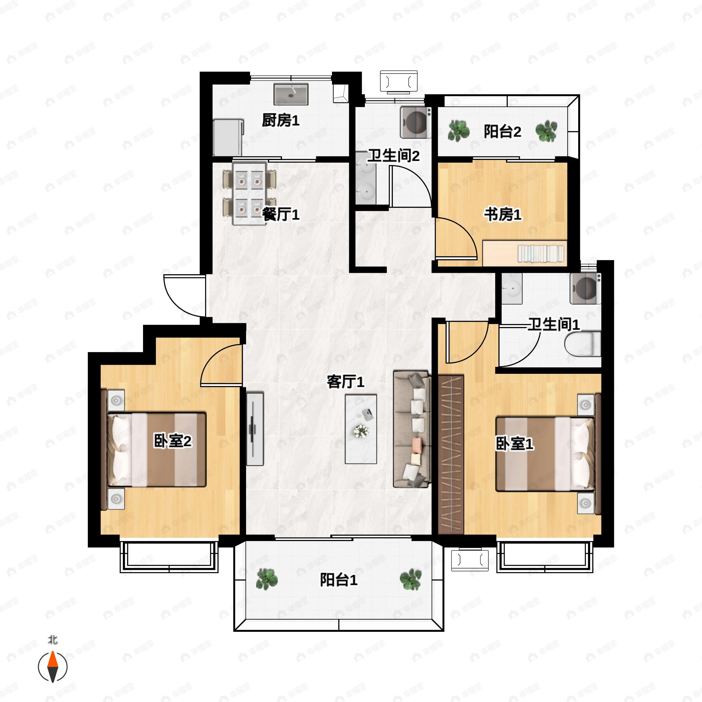 3室2厅2卫建面108m²南户型图