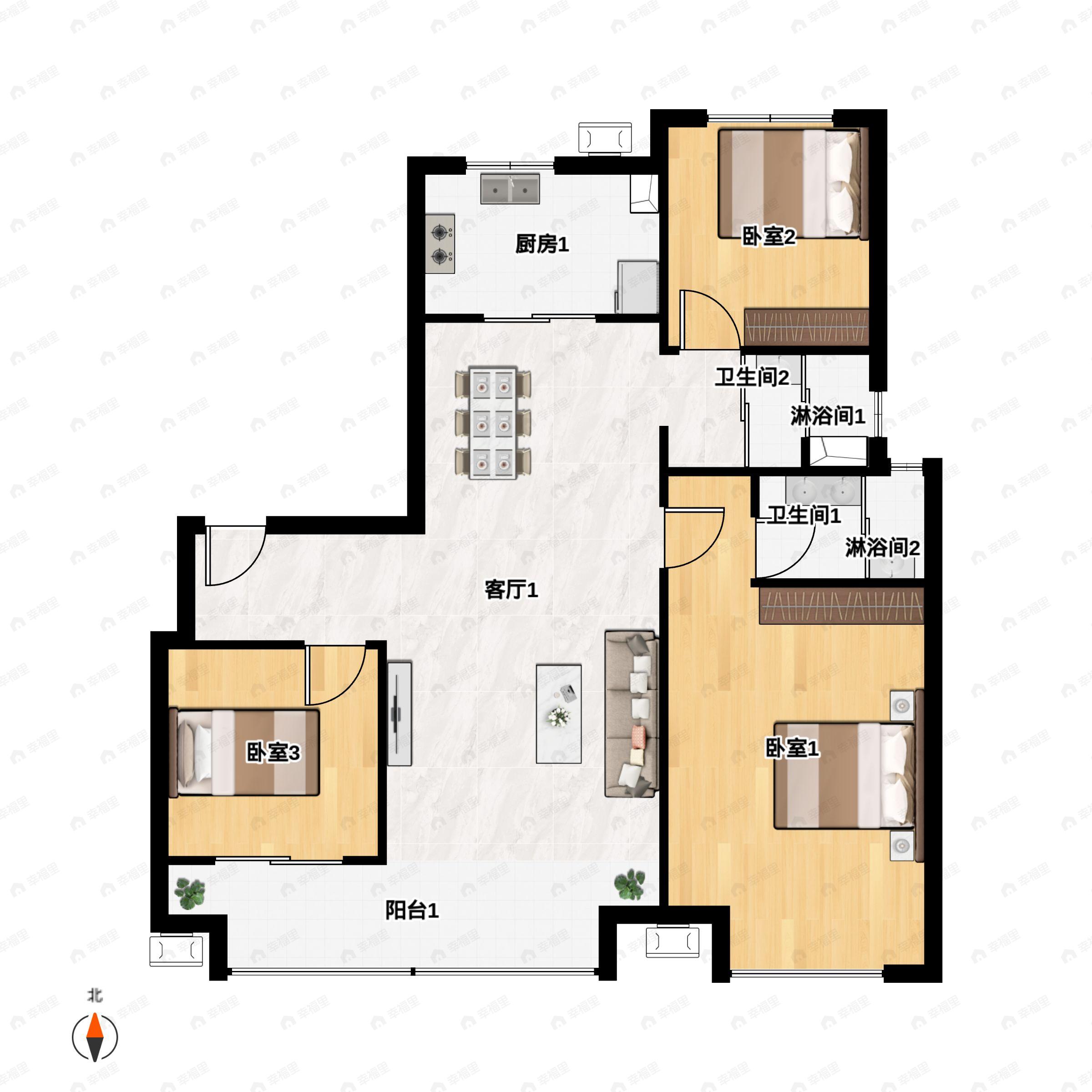 3室2厅2卫建面123平户型图