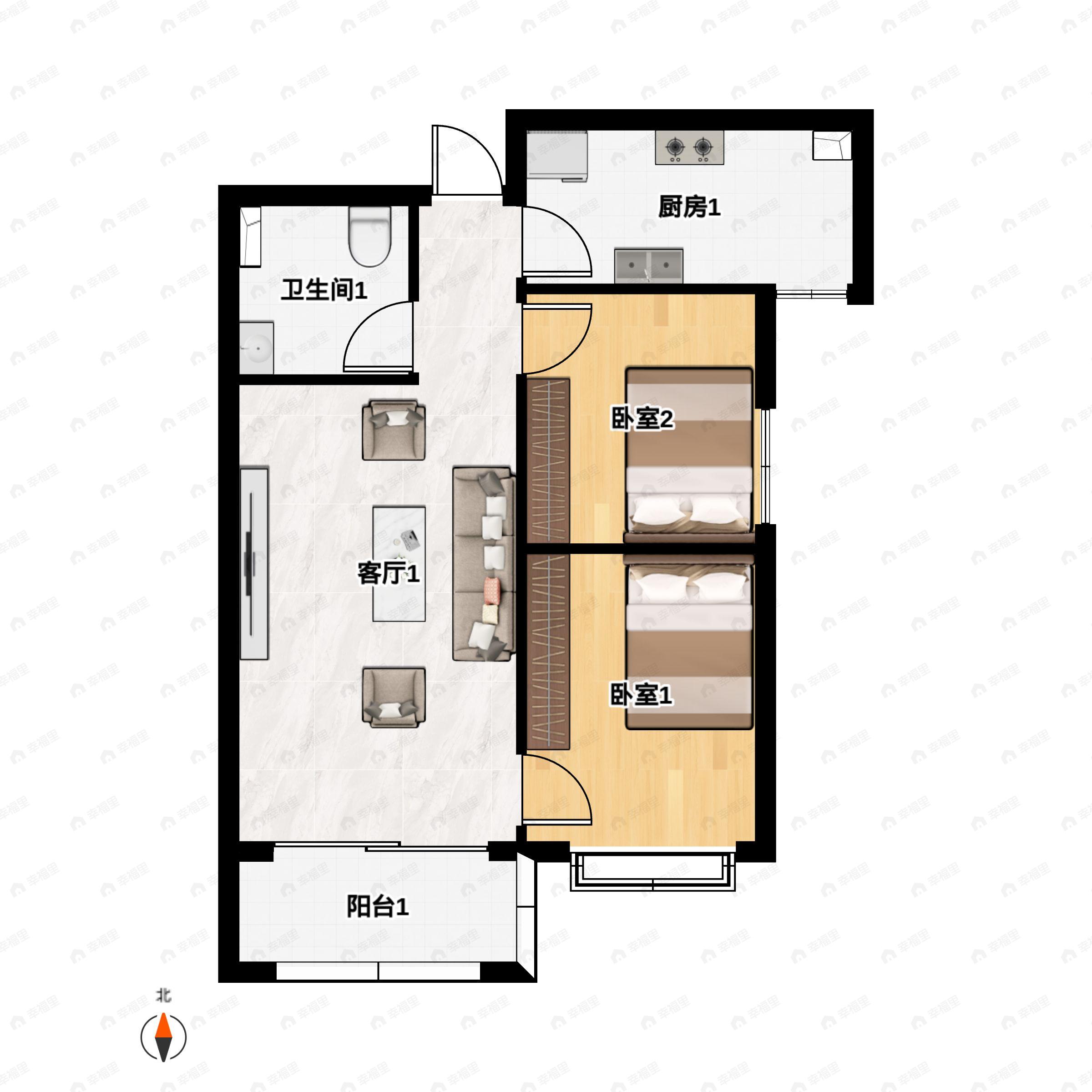 2室2厅1卫建面84m²东南户型图