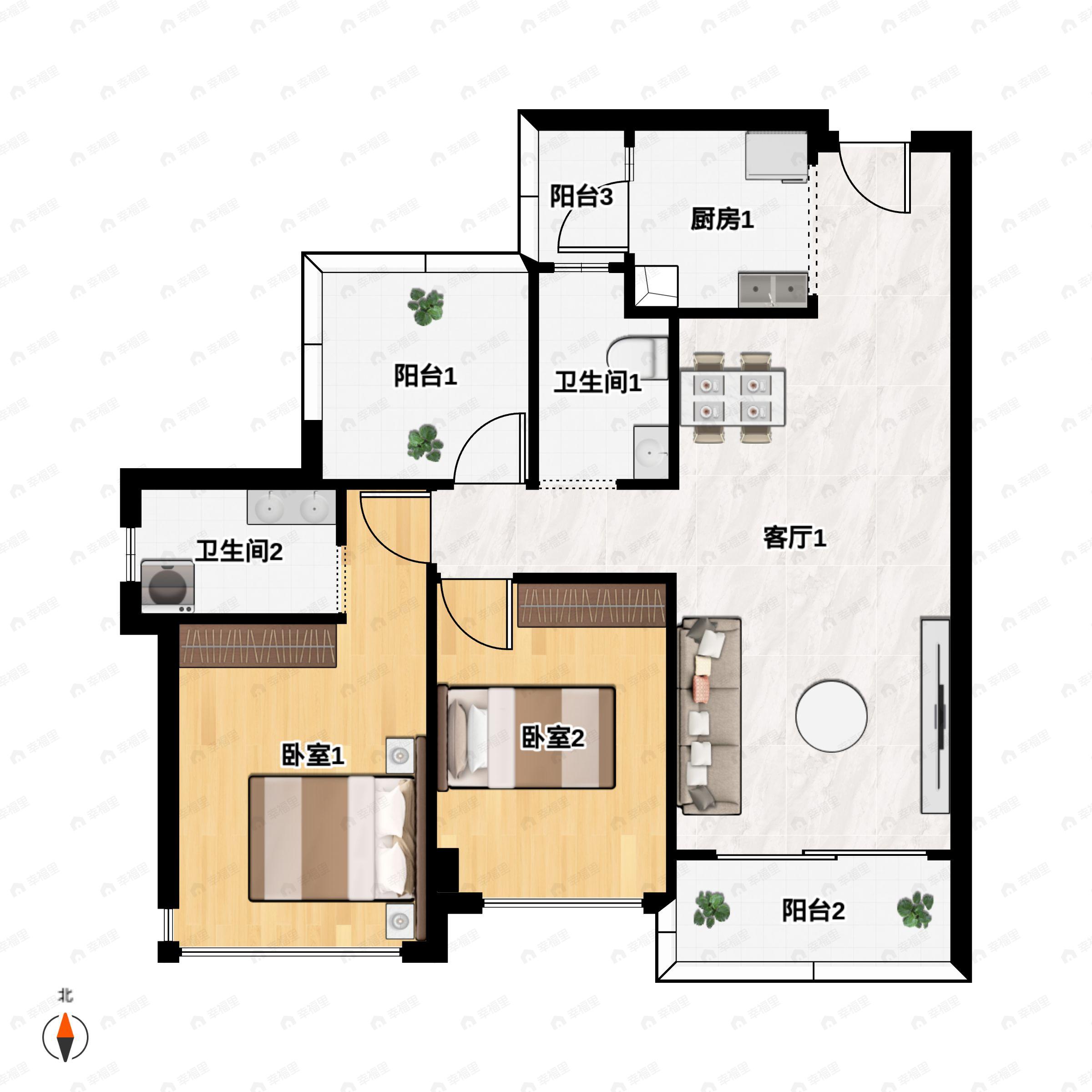 3室2厅2卫建面99平户型图
