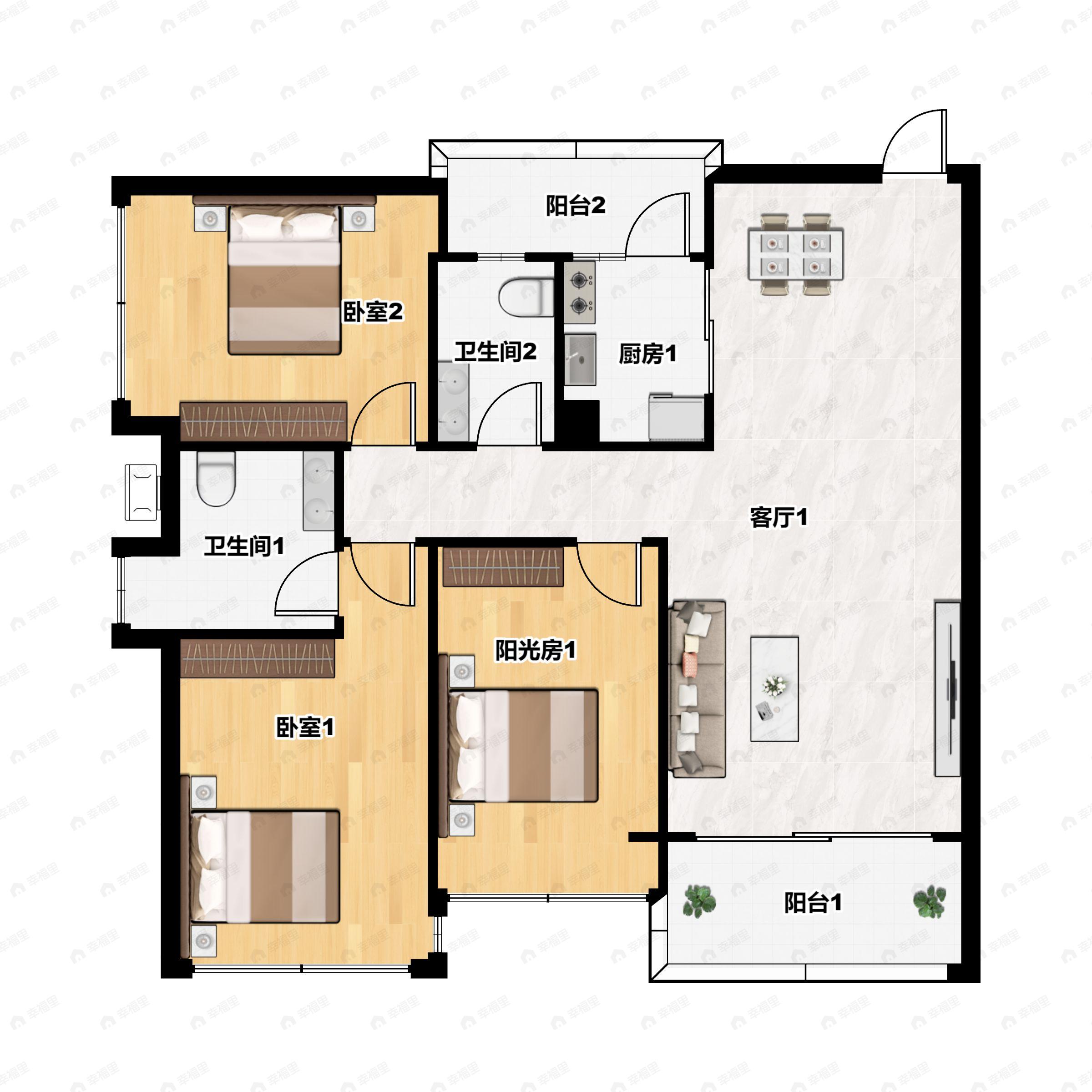 3室2厅2卫建面94平户型图