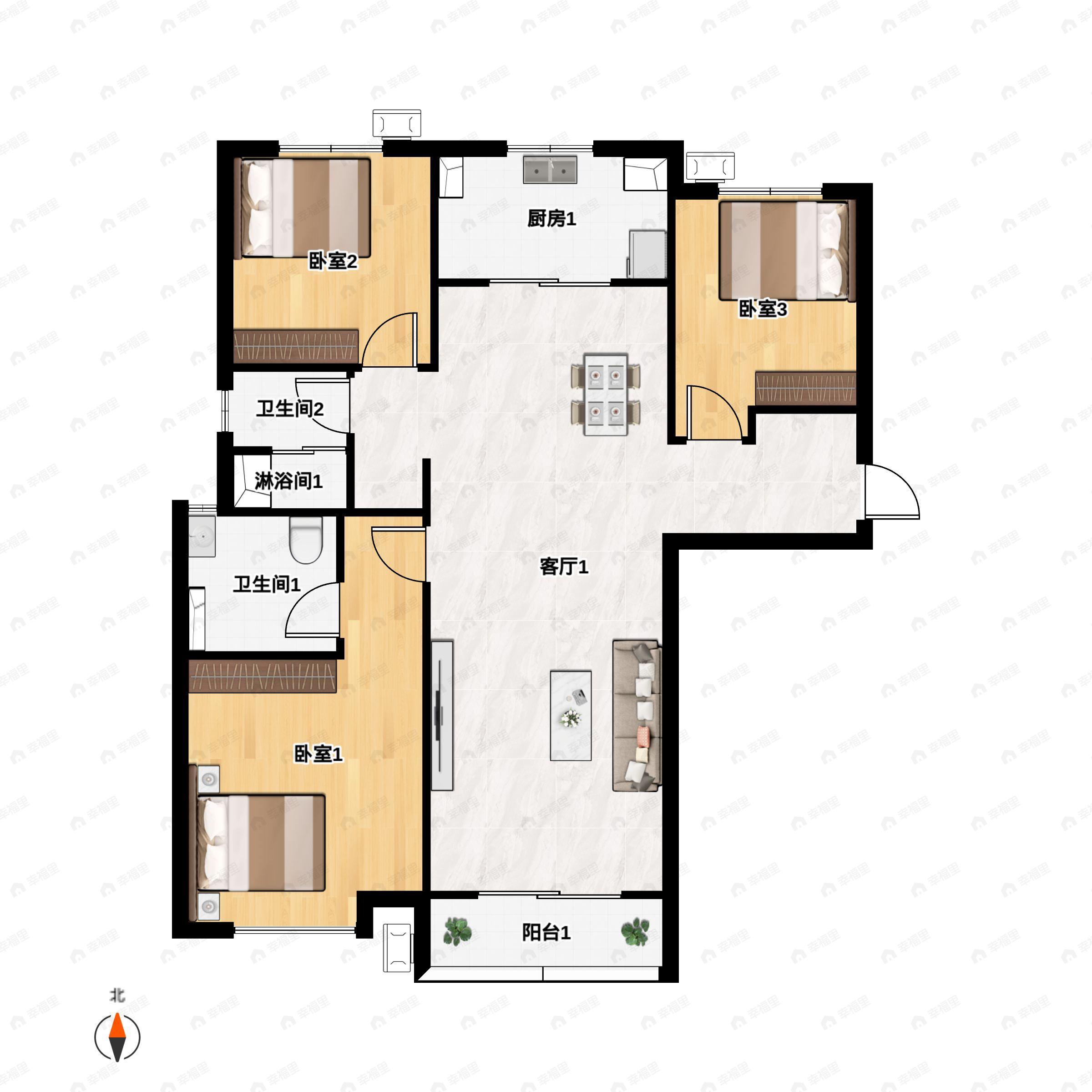 3室2厅2卫建面112m²北|南户型图
