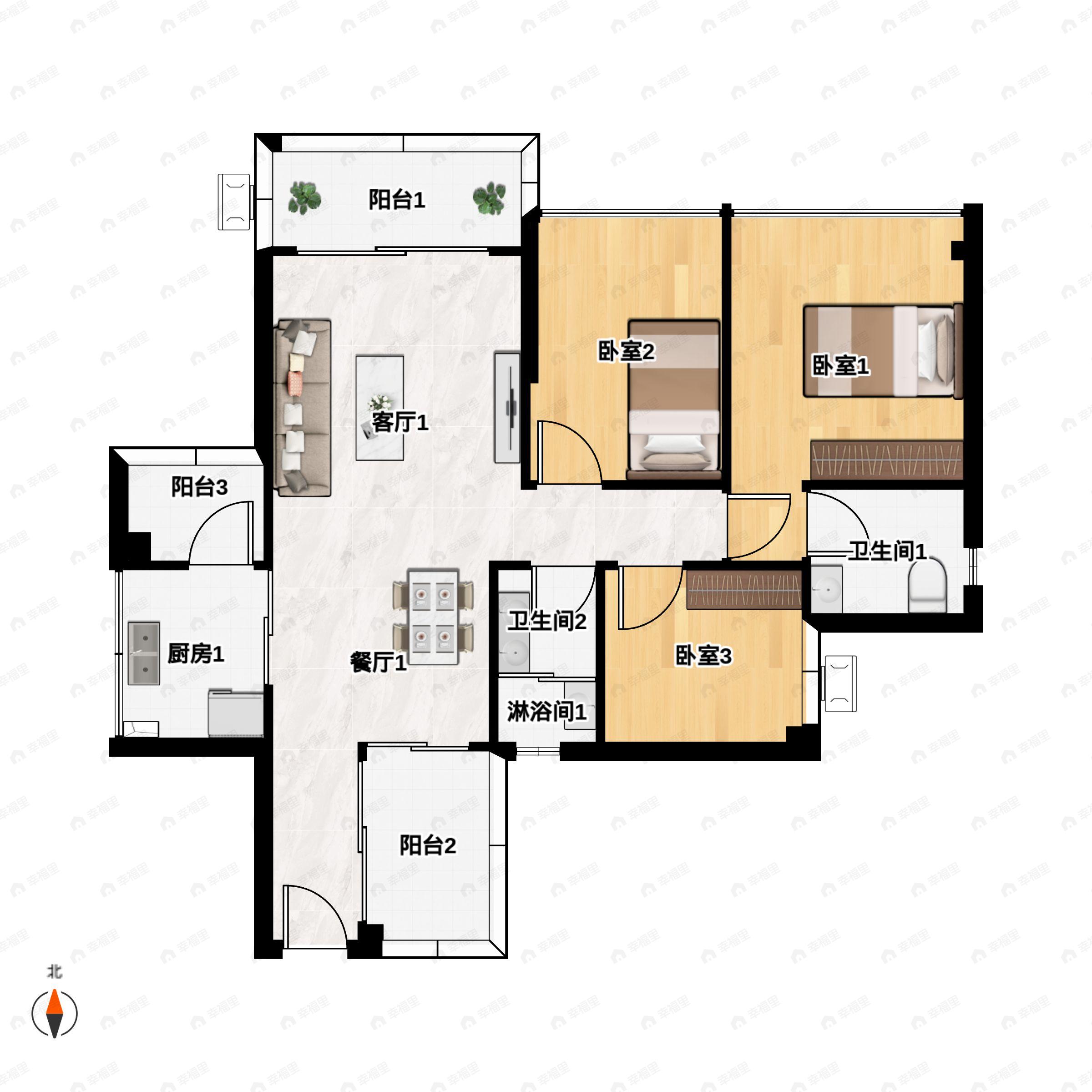 3室2厅2卫建面104m²南户型图