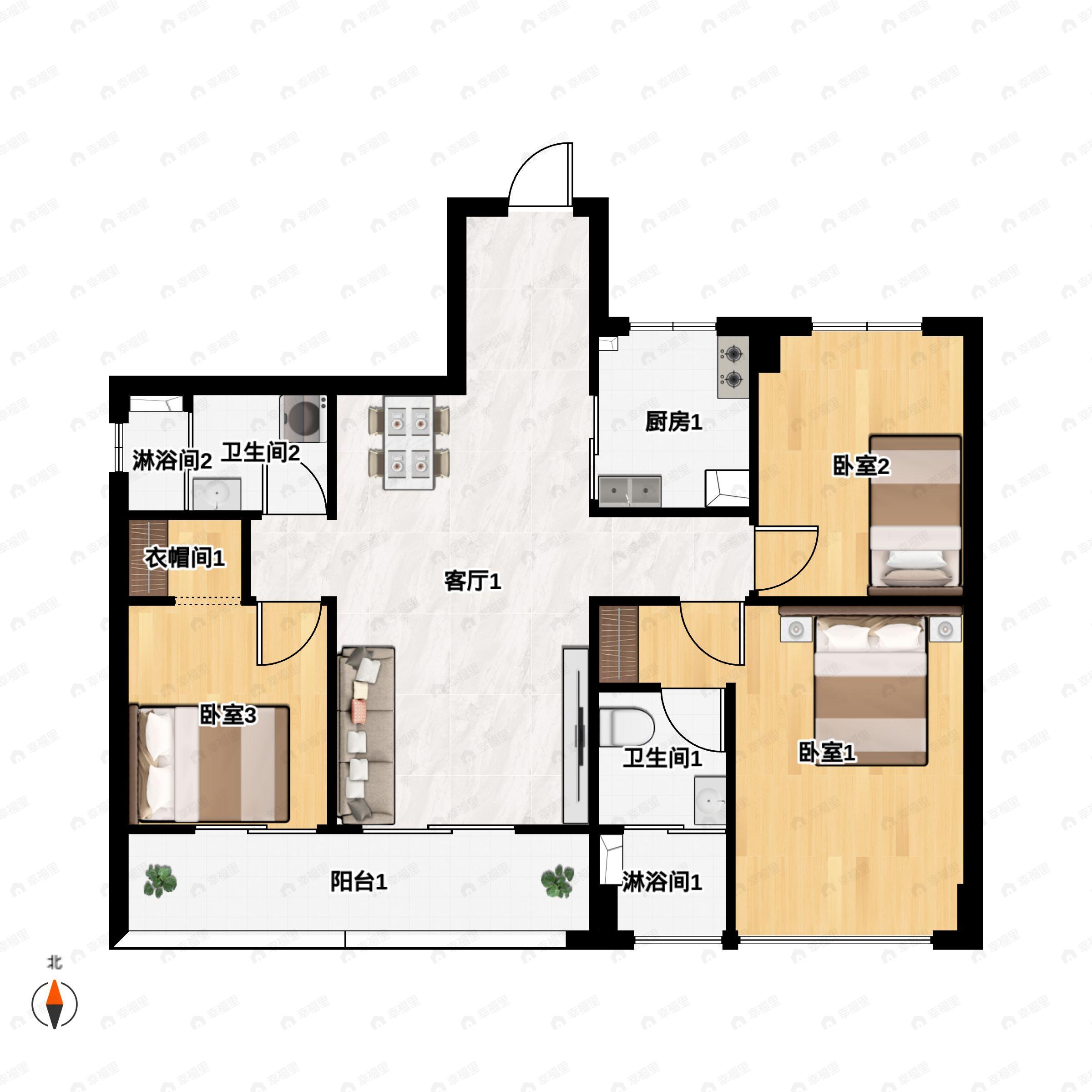 3室2厅2卫建面109m²南户型图