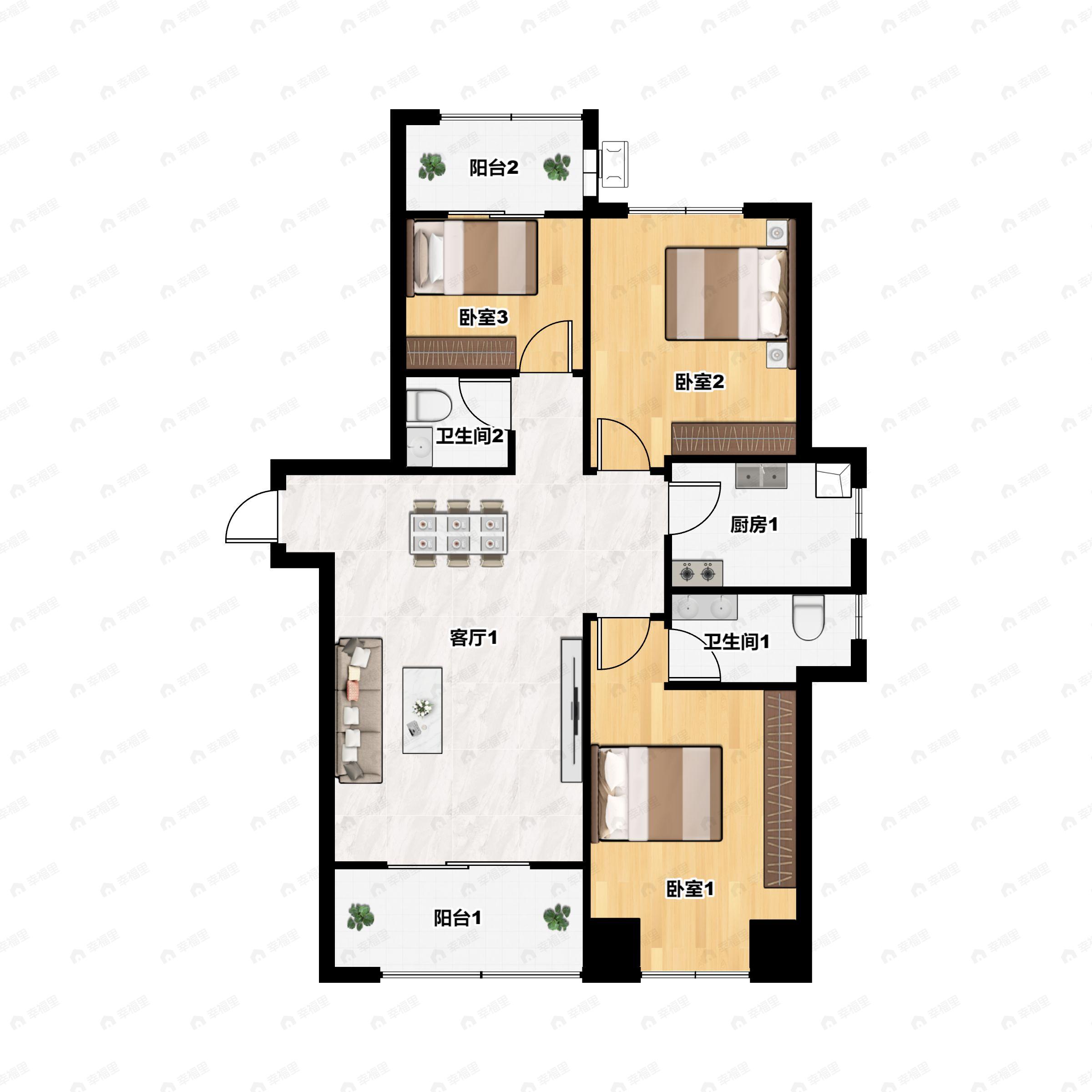 3室2厅2卫建面126平南户型图