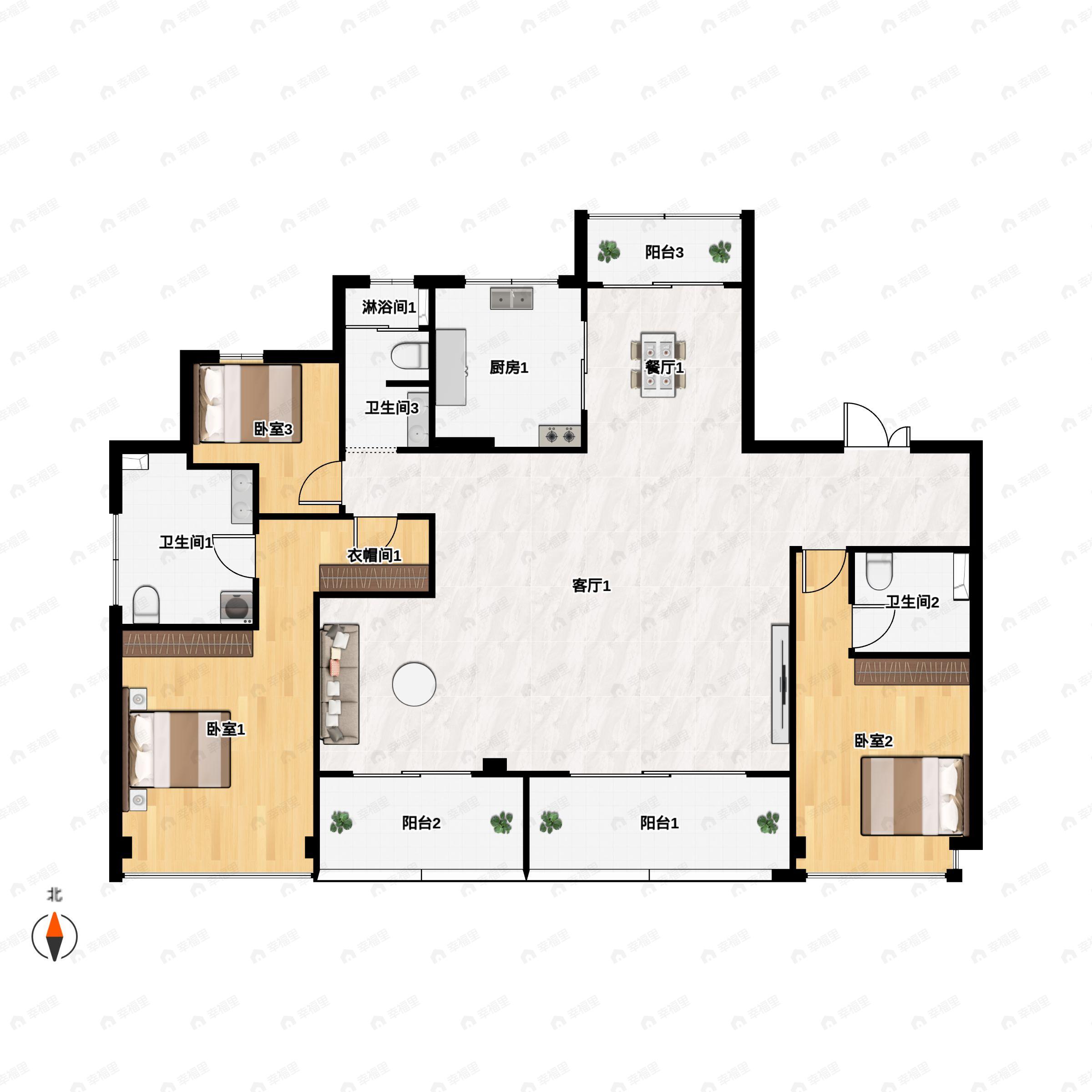 4室2厅3卫建面199平南户型图