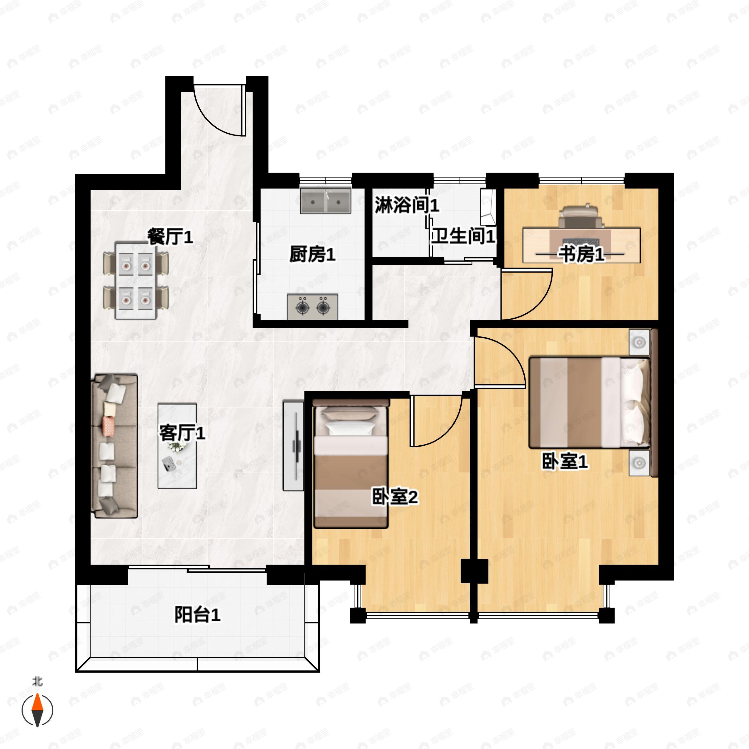 3室2厅1卫建面96平北|南户型图