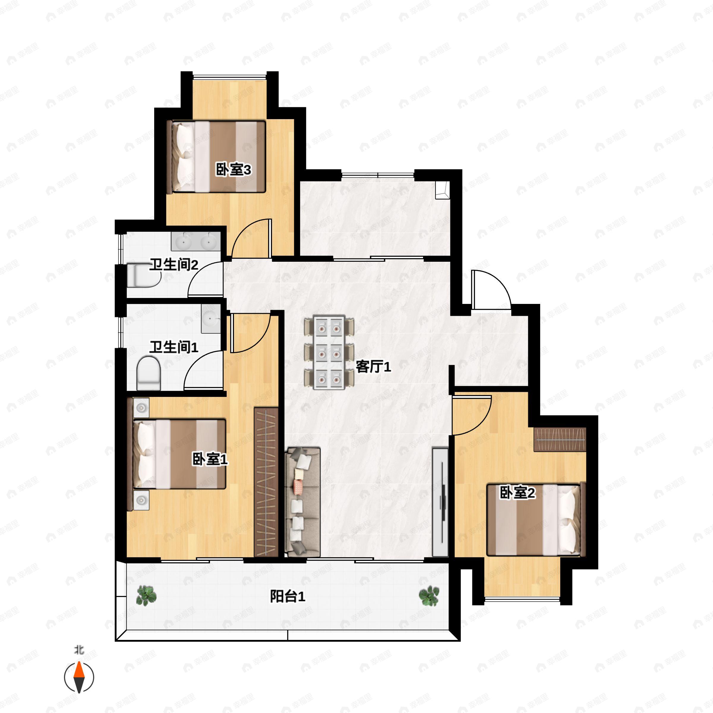 3室2厅2卫建面97平南户型图