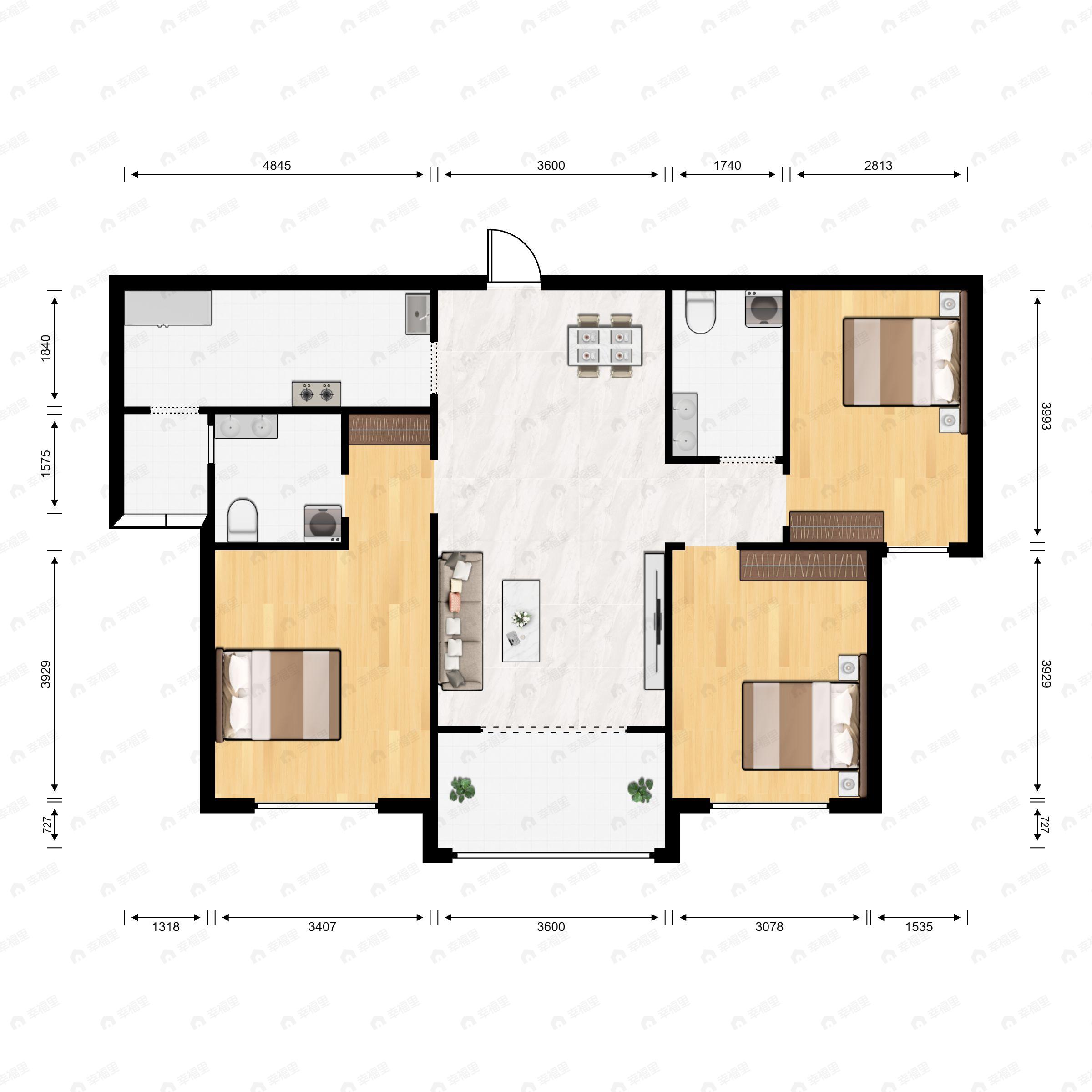 3室2厅2卫建面115m²南户型图