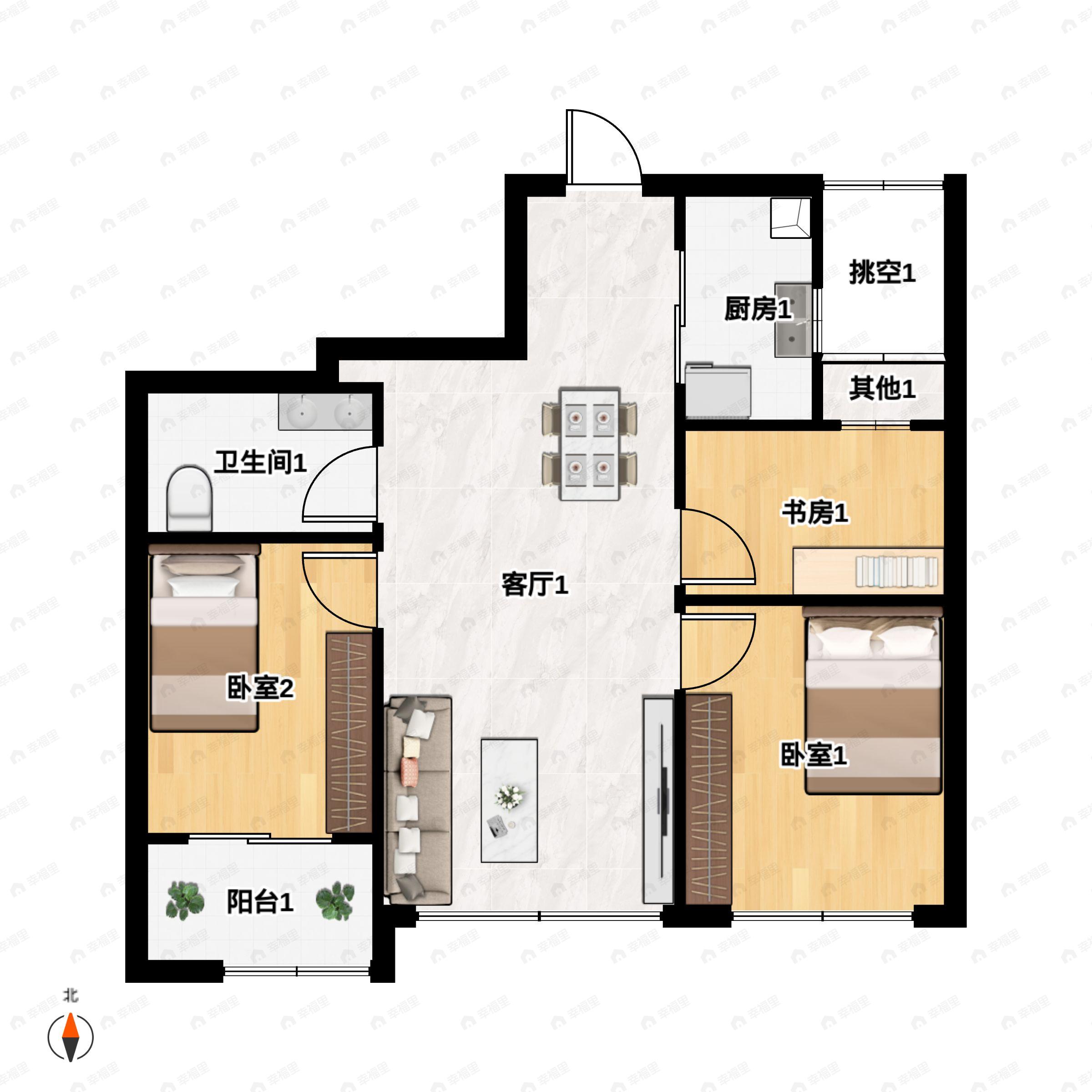 3室2厅1卫建面91平南|北户型图