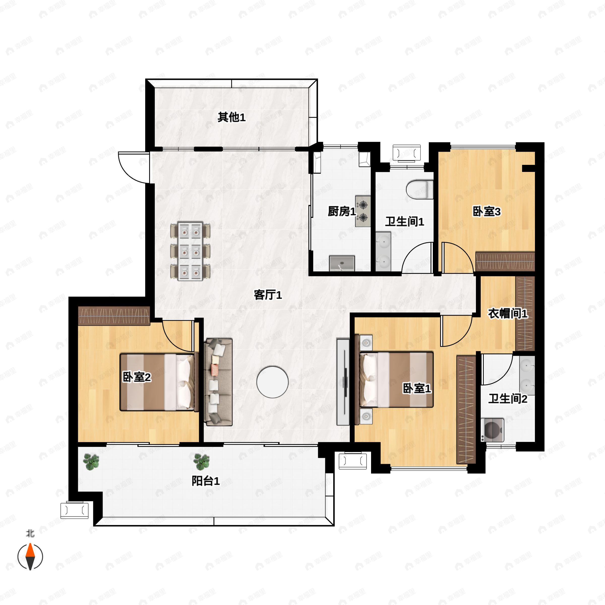 3室2厅2卫建面131m²南户型图