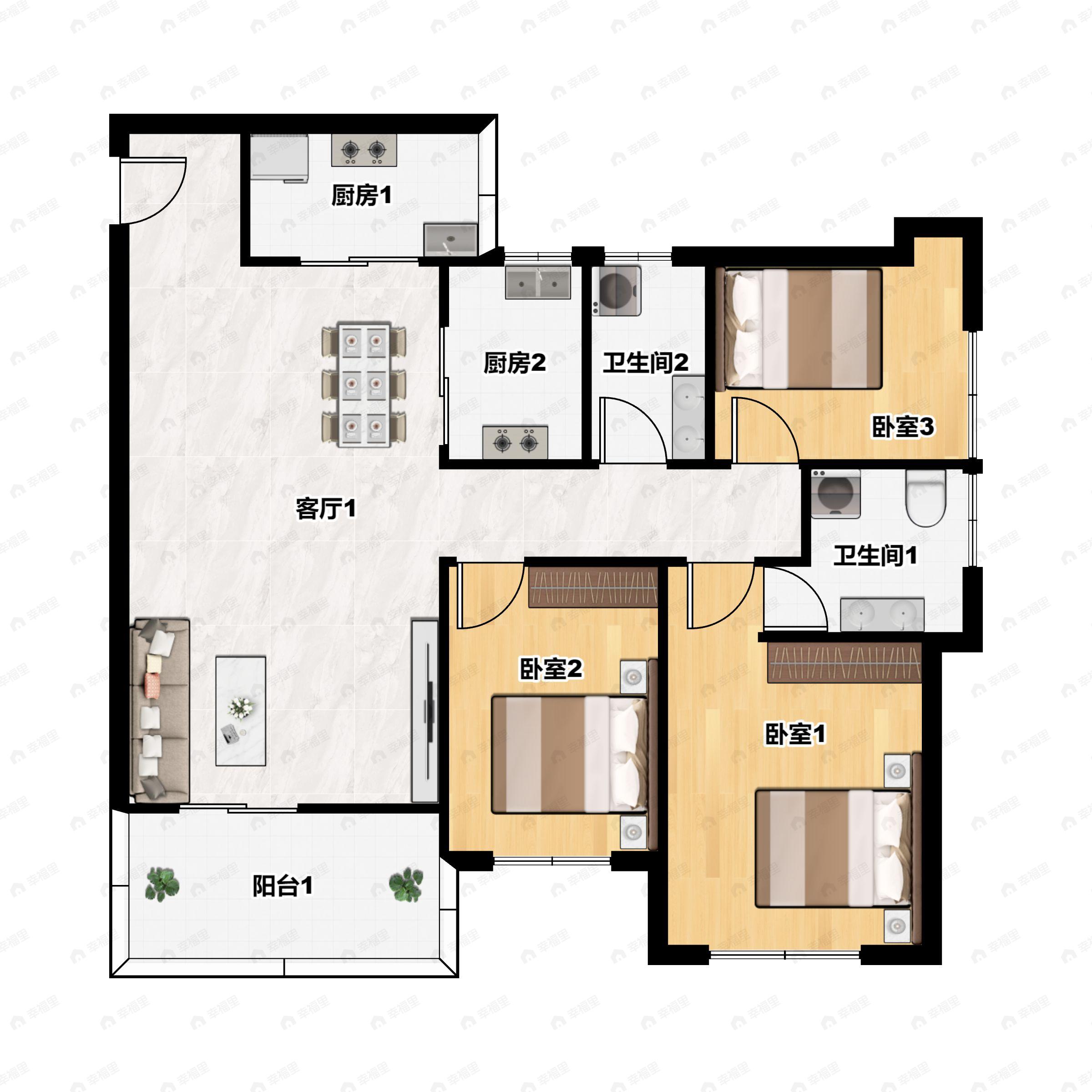 建实华都花园3室2厅2卫户型图