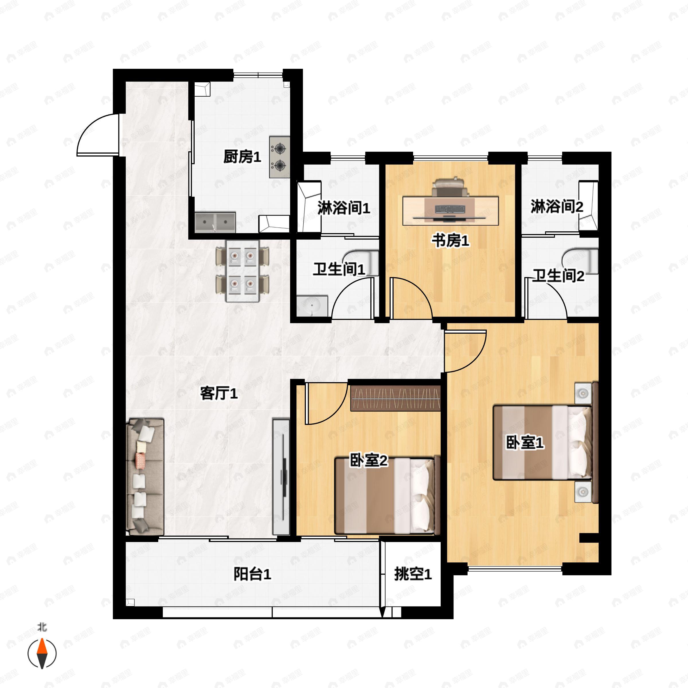 3室2厅2卫建面99平户型图