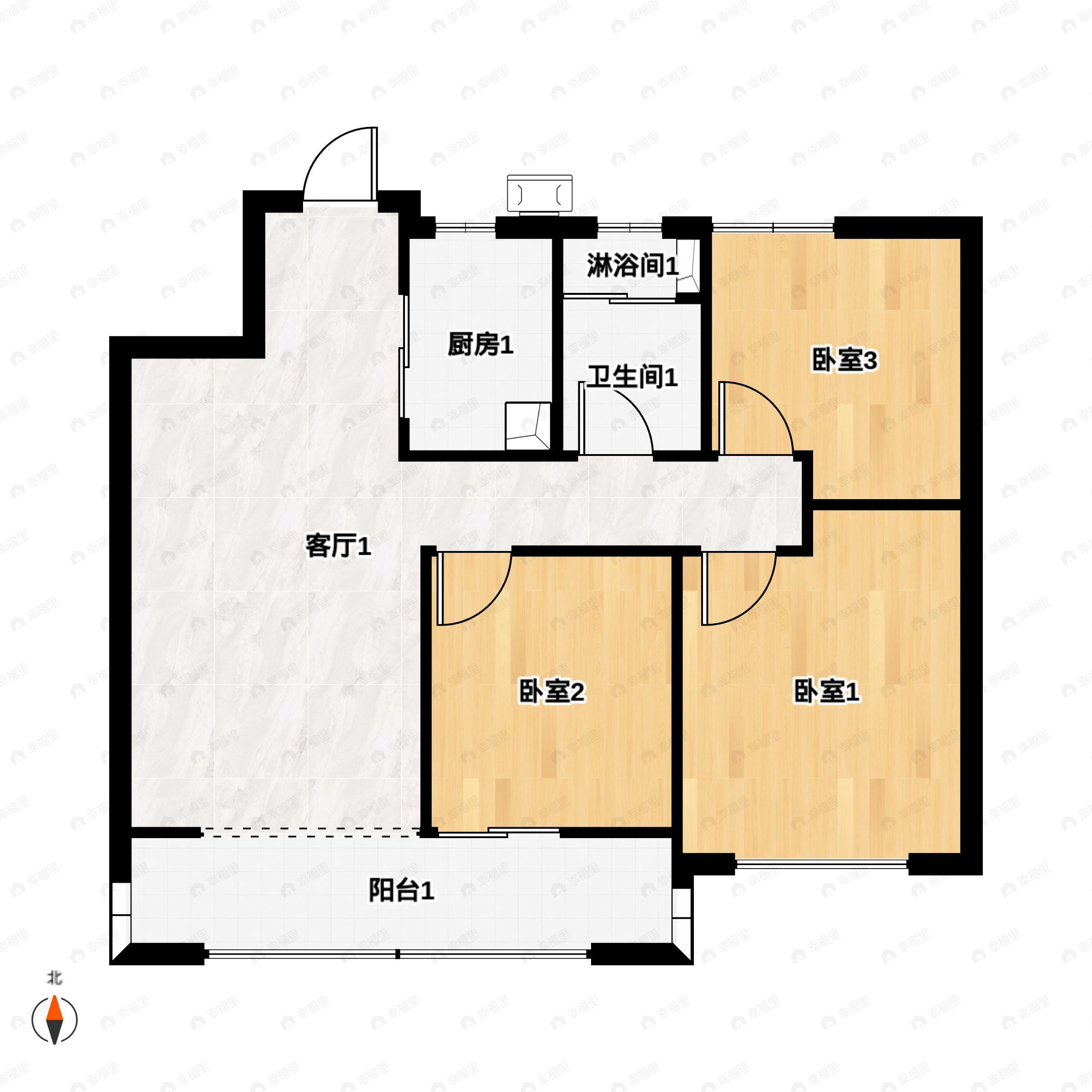 3室2厅1卫建面99平北|南|西北户型图