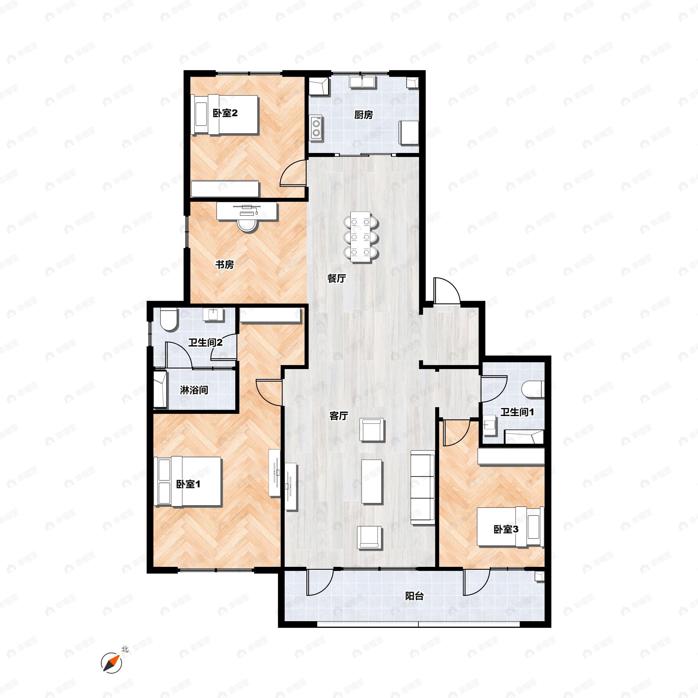 4室2厅2卫建面176平北|南户型图
