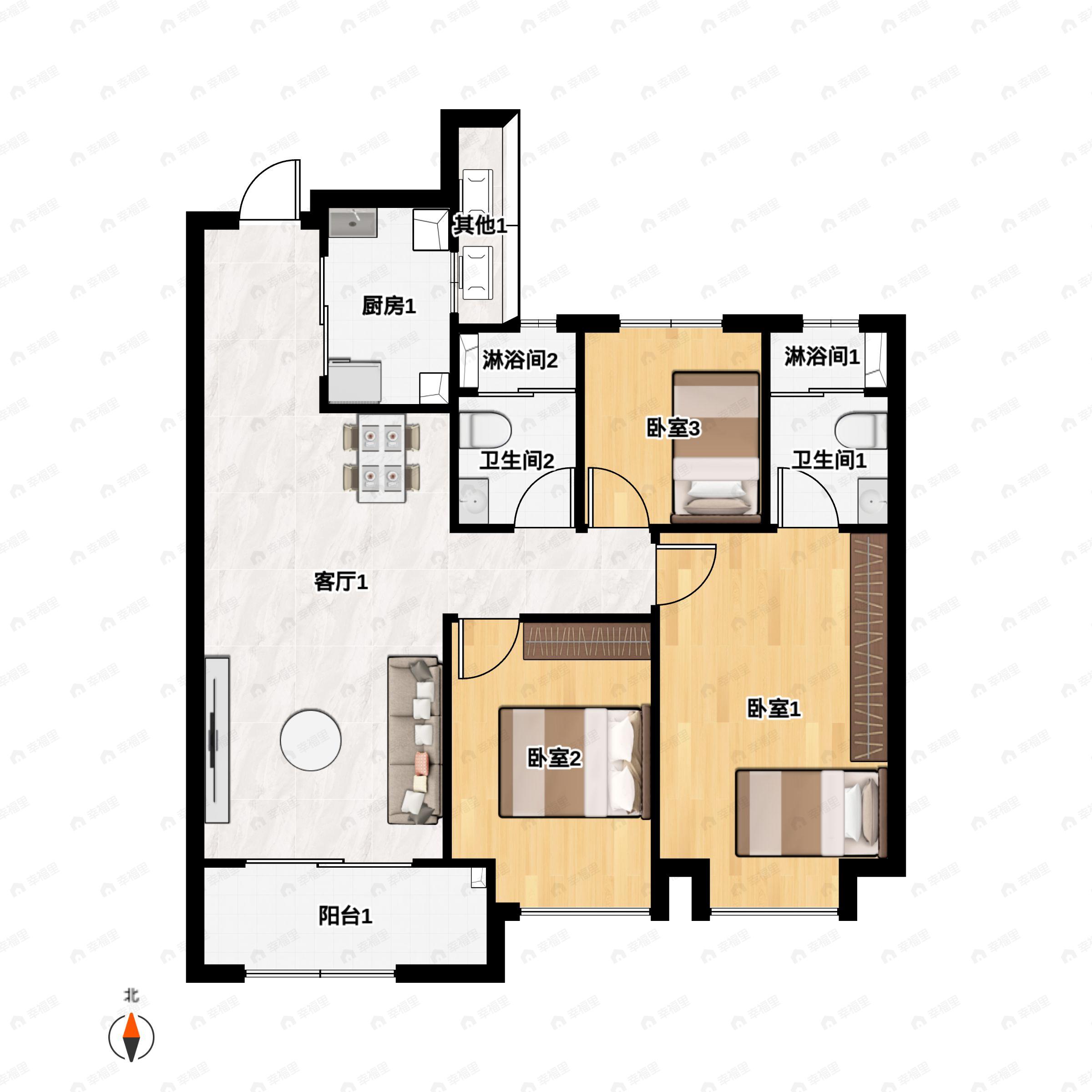3室2厅2卫建面111平户型图